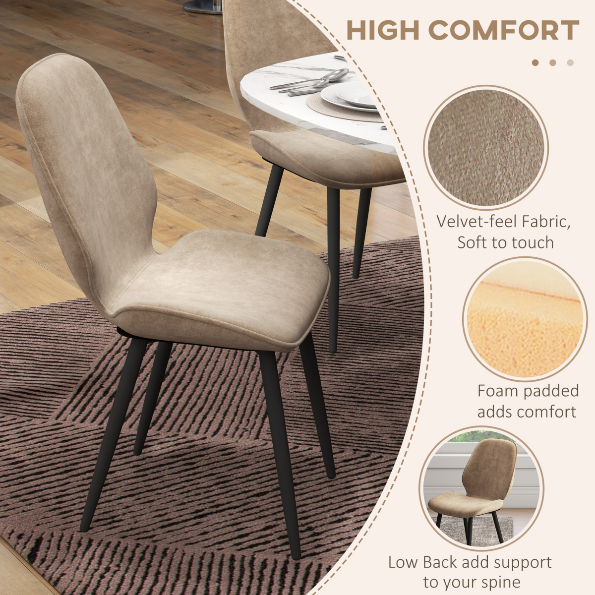 HOMCOM Upholstered Dining Chairs Set of 2 with Padded Seat & Metal Legs – Brown
