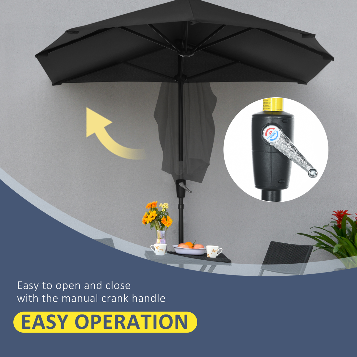 Outsunny 2m Half Garden Parasol with Crank Handle & Double-Sided Canopy – Wall-Side Shade, Black Base