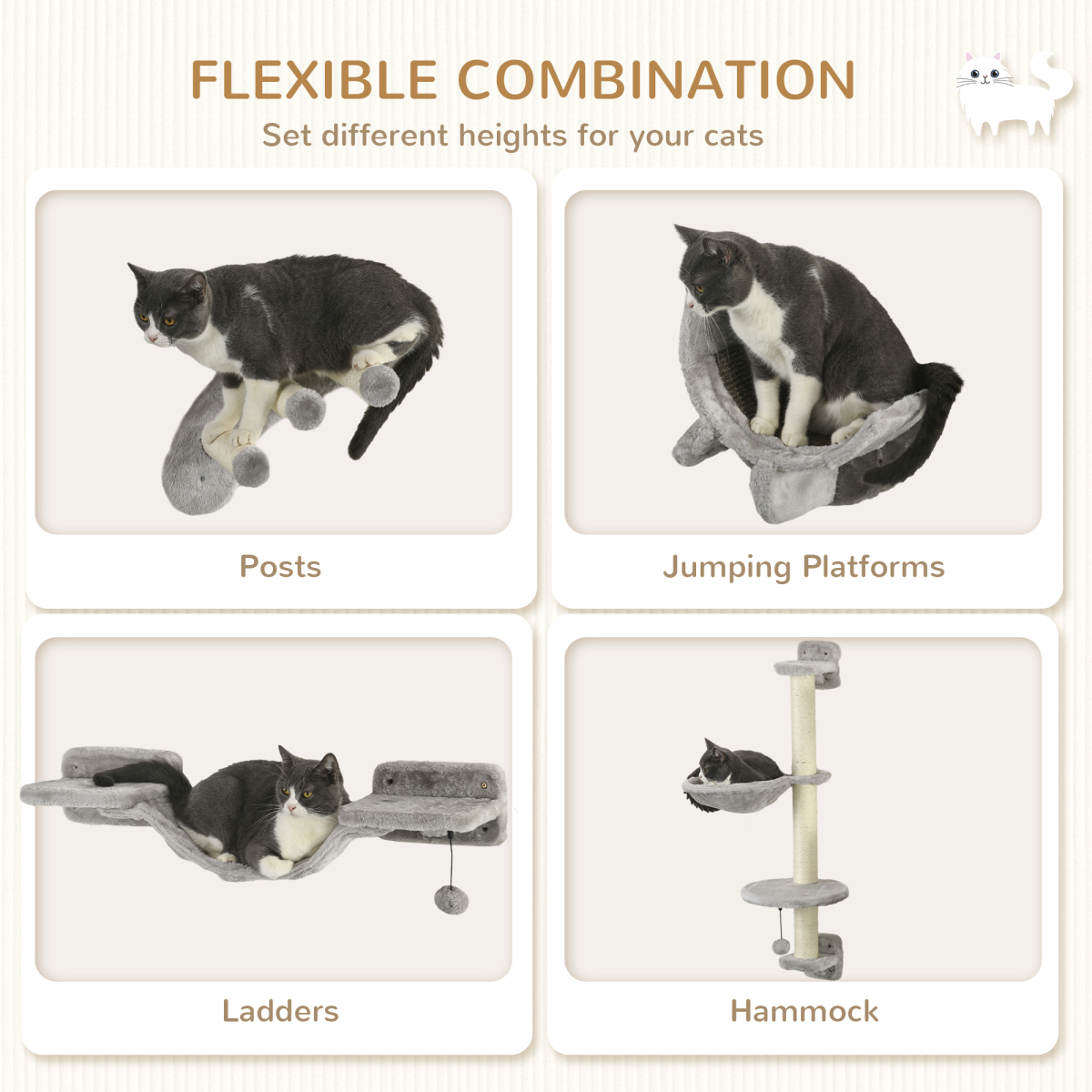 PawHut 4-Piece Wall-Mounted Cat Furniture Set with Hammock, Ladder & Platforms – Cat Climbing Shelves, Grey