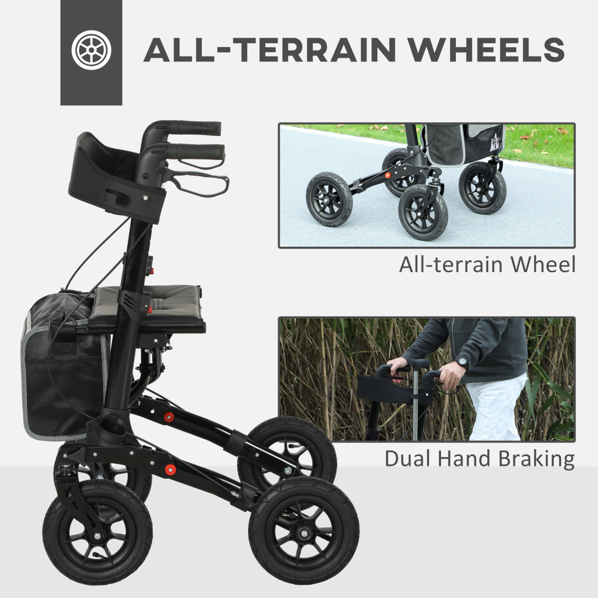 HOMCOM Rollator Walker with Padded Seat, Backrest & All-Terrain Wheels – Folding Mobility Aid with Storage Bag