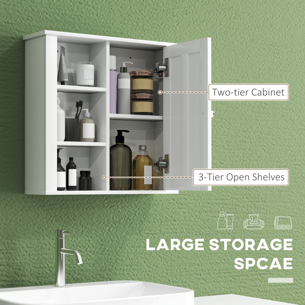 HOMCOM Modern Wall-Mounted Bathroom Cabinet with Adjustable Shelves and Open Side Storage – Space-Saving, White