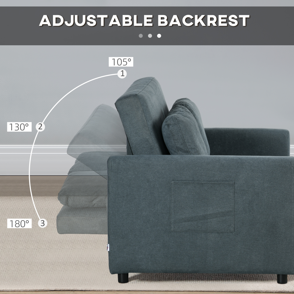 HOMCOM Click-Clack 2 Seater Sofa Bed with Cushions & Side Pockets – Space-Saving Guest Settee, Grey