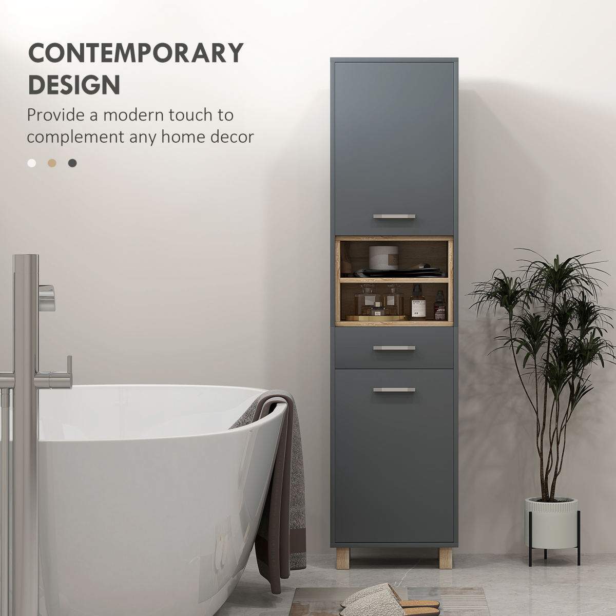 HOMCOM Bathroom Storage Unit with Two Cabinets, Open Shelves & Drawer – Freestanding Tall Cabinet, Grey