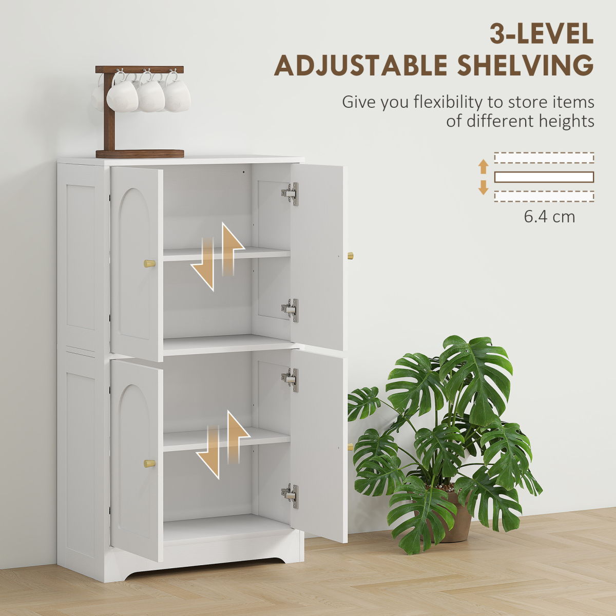 Kitchen Storage Cabinet with Arched Doors & Adjustable Shelves – Freestanding Sideboard Cupboard, White