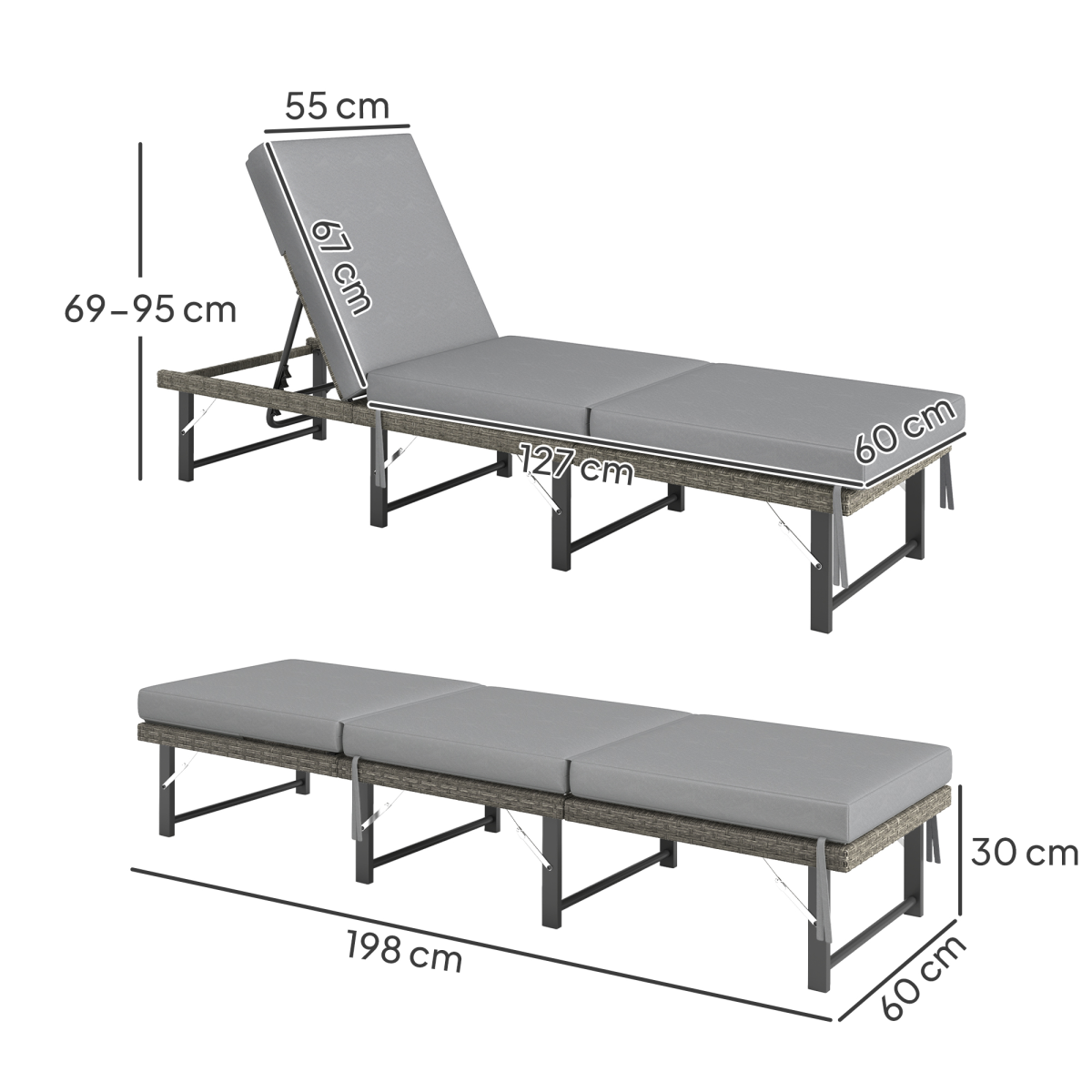 Outsunny Folding Rattan Sun Lounger with 6-Level Adjustable Back & 8cm Cushion – Garden Poolside Recliner, Grey