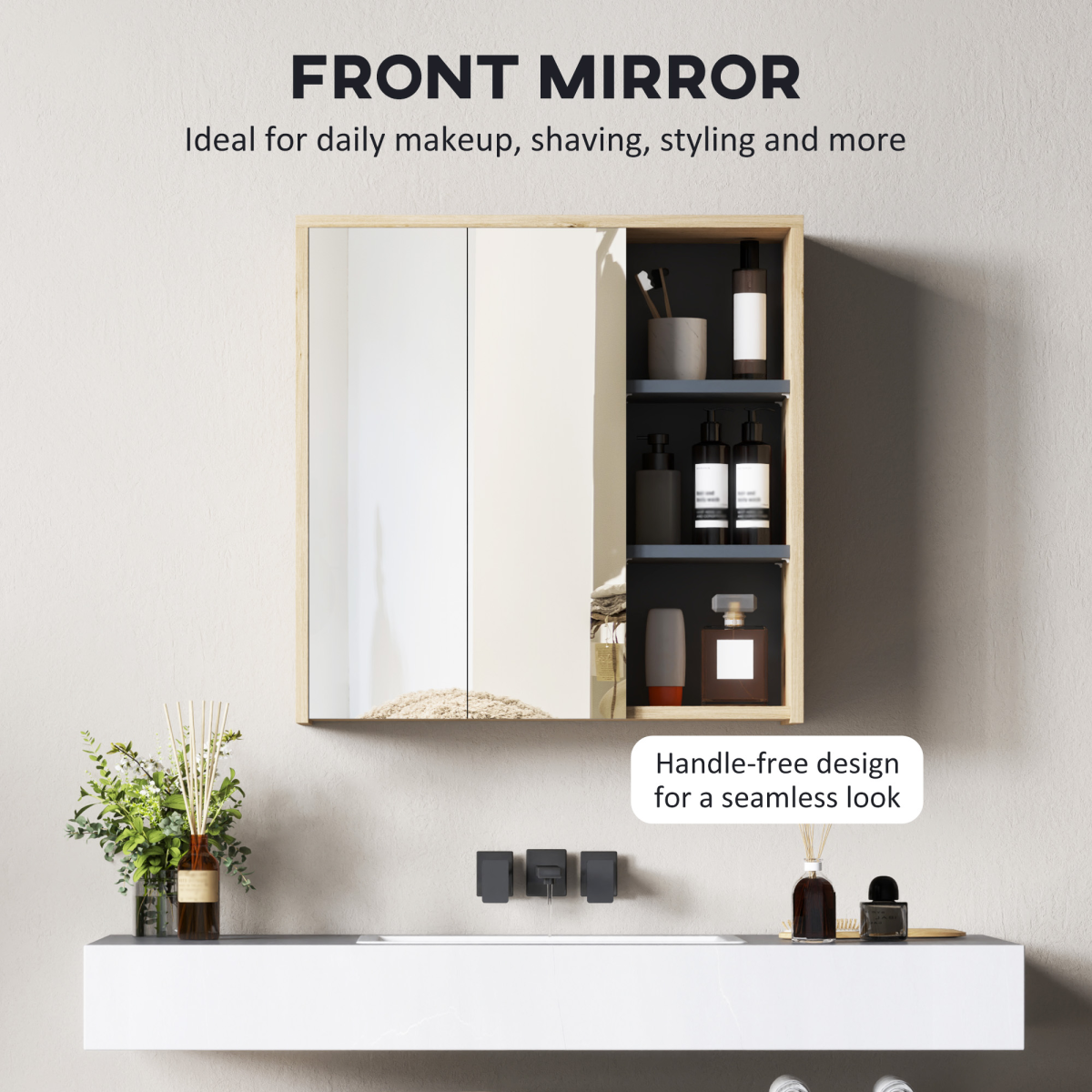 HOMCOM Wall-Mounted Bathroom Mirror Cabinet with Five Shelves and Two Mirrored Doors, Natural
