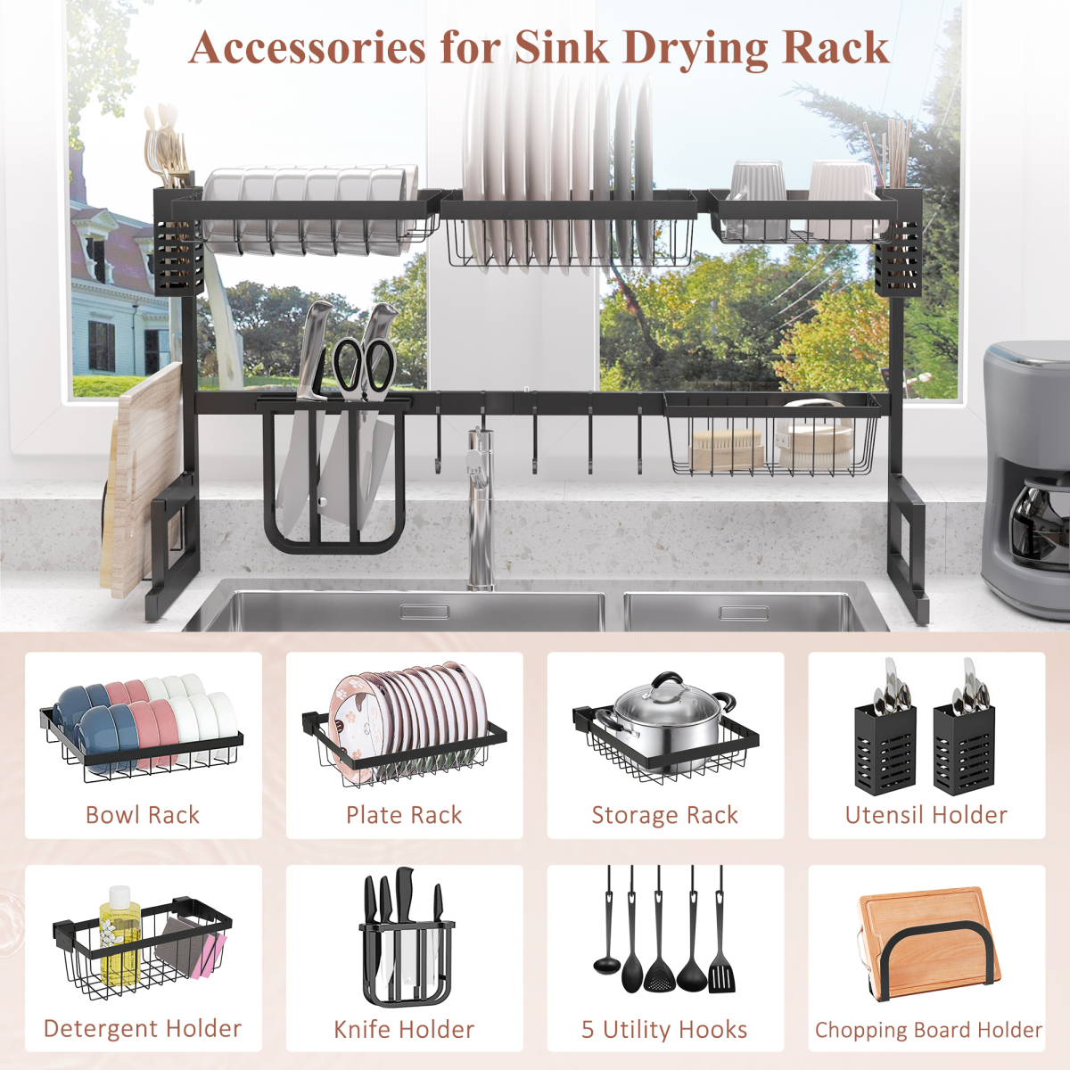 HOMCOM Over The Sink Dish Drainer Rack with Utensil Holders, Knife Holder & Hooks – 2-Tier Steel Rack, Black
