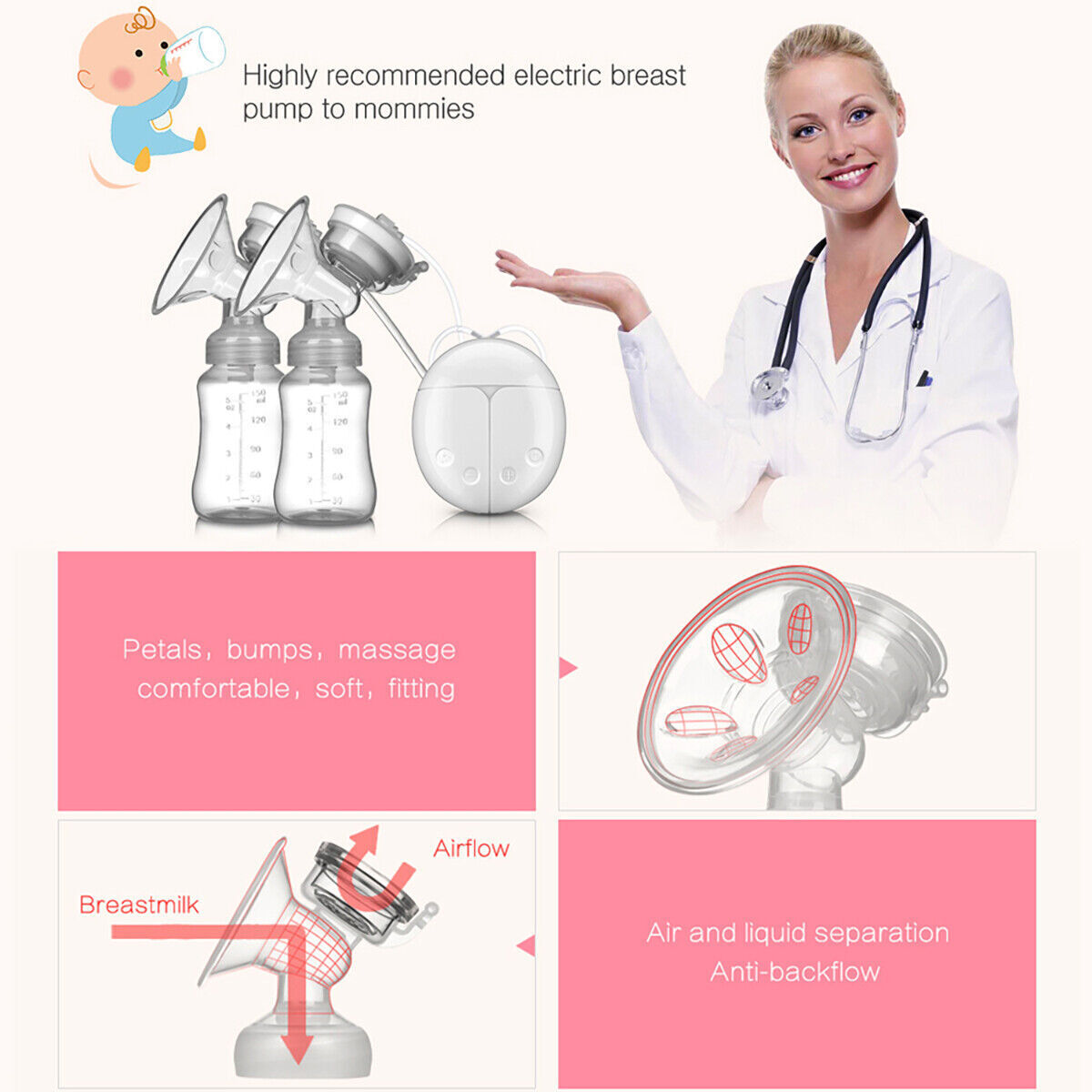 Automatic Double Electric Breast Pump with Lid & Nipple Kit – 2 Modes, 4 Suction Levels, USB Powered