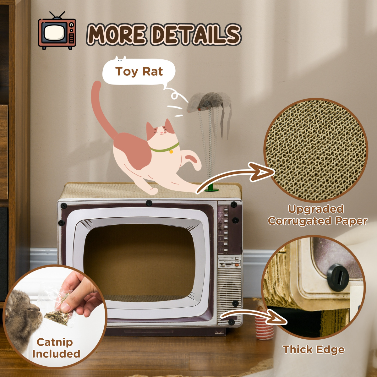 PawHut TV-Shaped Cardboard Cat House with Scratcher, Catnip and Toy Rat – 2-in-1 Cat Scratching Board