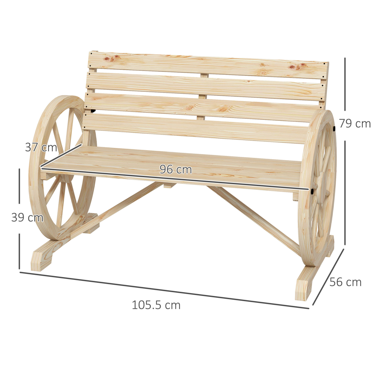 Outsunny 2-Seater Solid Fir Wood Garden Bench with Wagon Wheel Armrests and High Back – Outdoor Loveseat, Natural