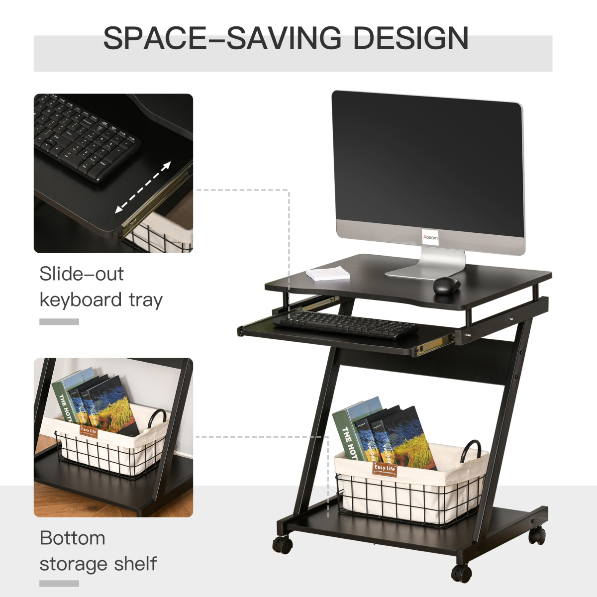 Movable Computer Desk with 4 Wheels and Sliding Keyboard Tray – Compact Home Office PC Workstation, Black
