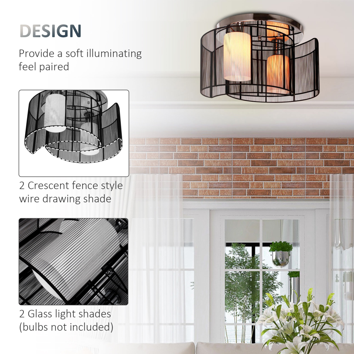 HOMCOM Flush Mount Chandelier with 2 Crescent Wire Shades and Glass Lightshades – Modern Ceiling Light