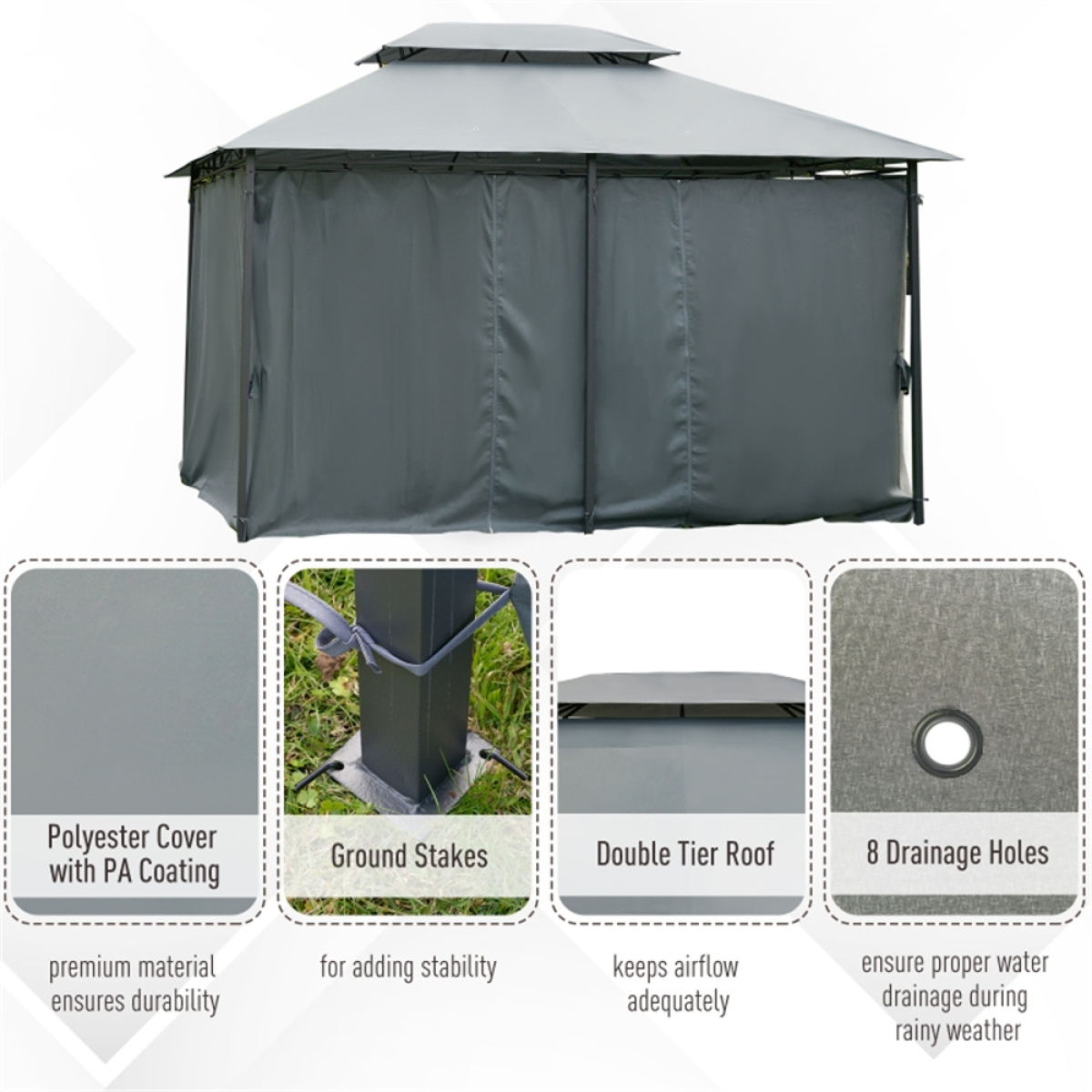 Patio Gazebo with 2-Tier Polyester Canopy & Powder-Coated Steel Frame – Extra-Large Garden Shelter, Sage Grey