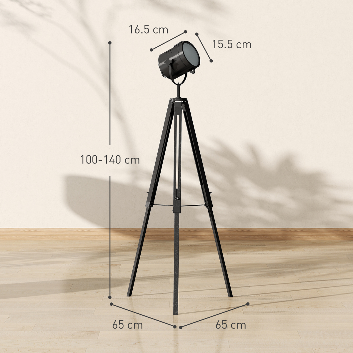 HOMCOM Industrial Wooden Tripod Spotlight Floor Lamp with Adjustable Height & Head – Living Room, Black
