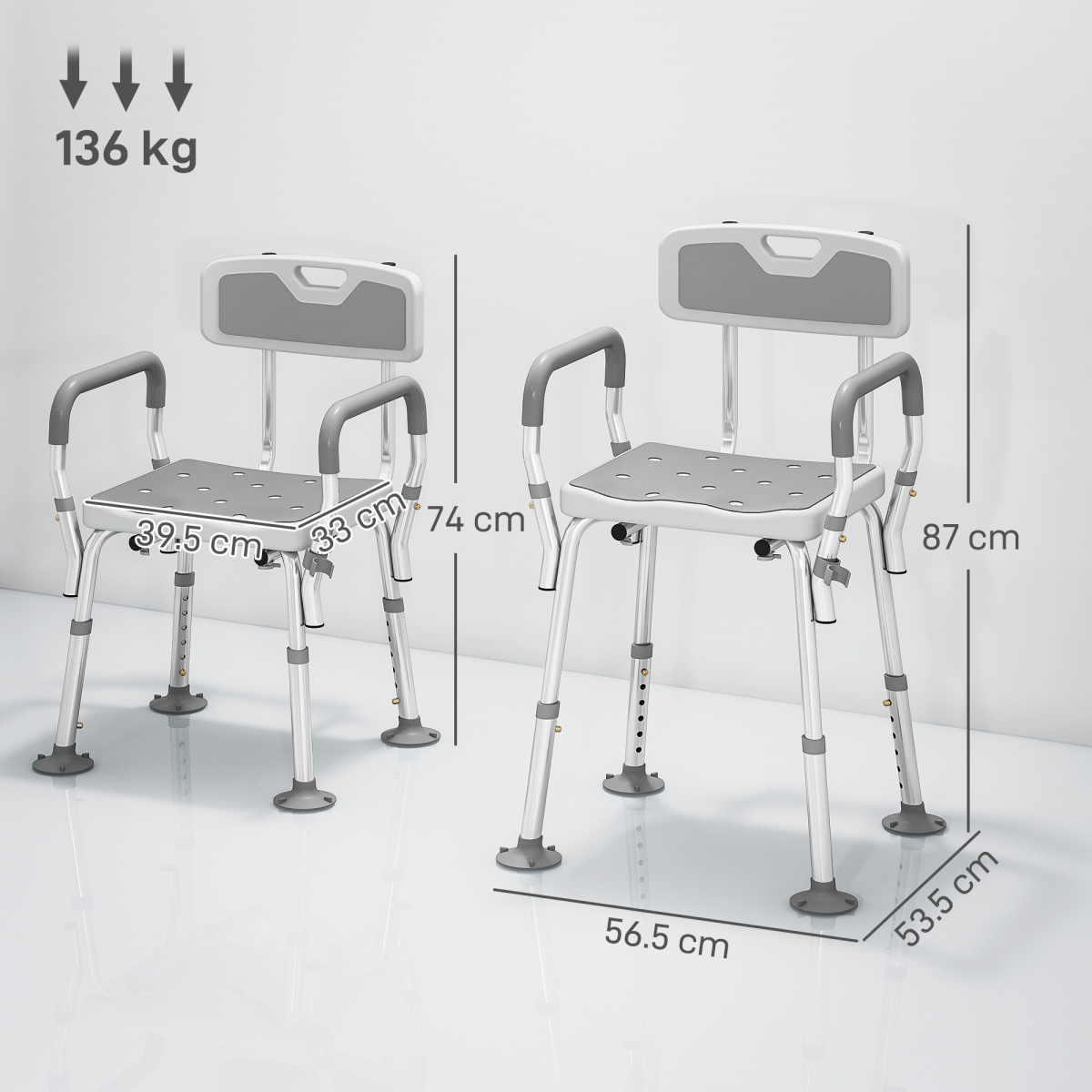 HOMCOM Padded Shower Stool with Arms, Back & 4 Suction Foot Pads – Height Adjustable Bath Seat, Grey