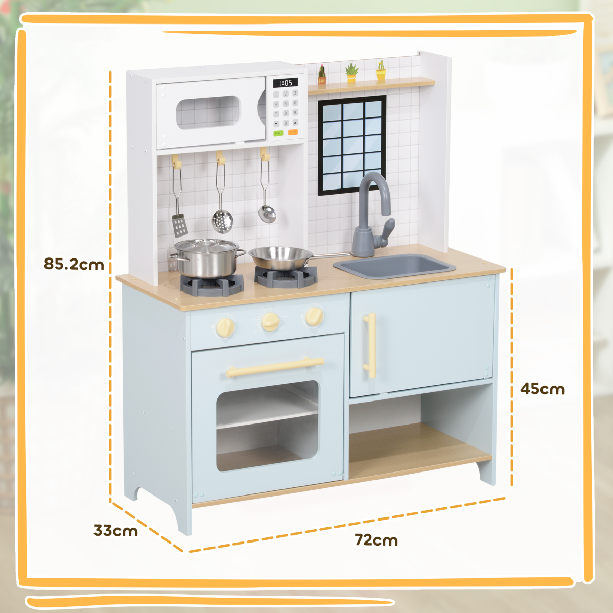 AIYAPLAY Play Kitchen with Light & Sound Stove, Microwave, Oven & Sink – Kids Kitchen Playset, Blue and White