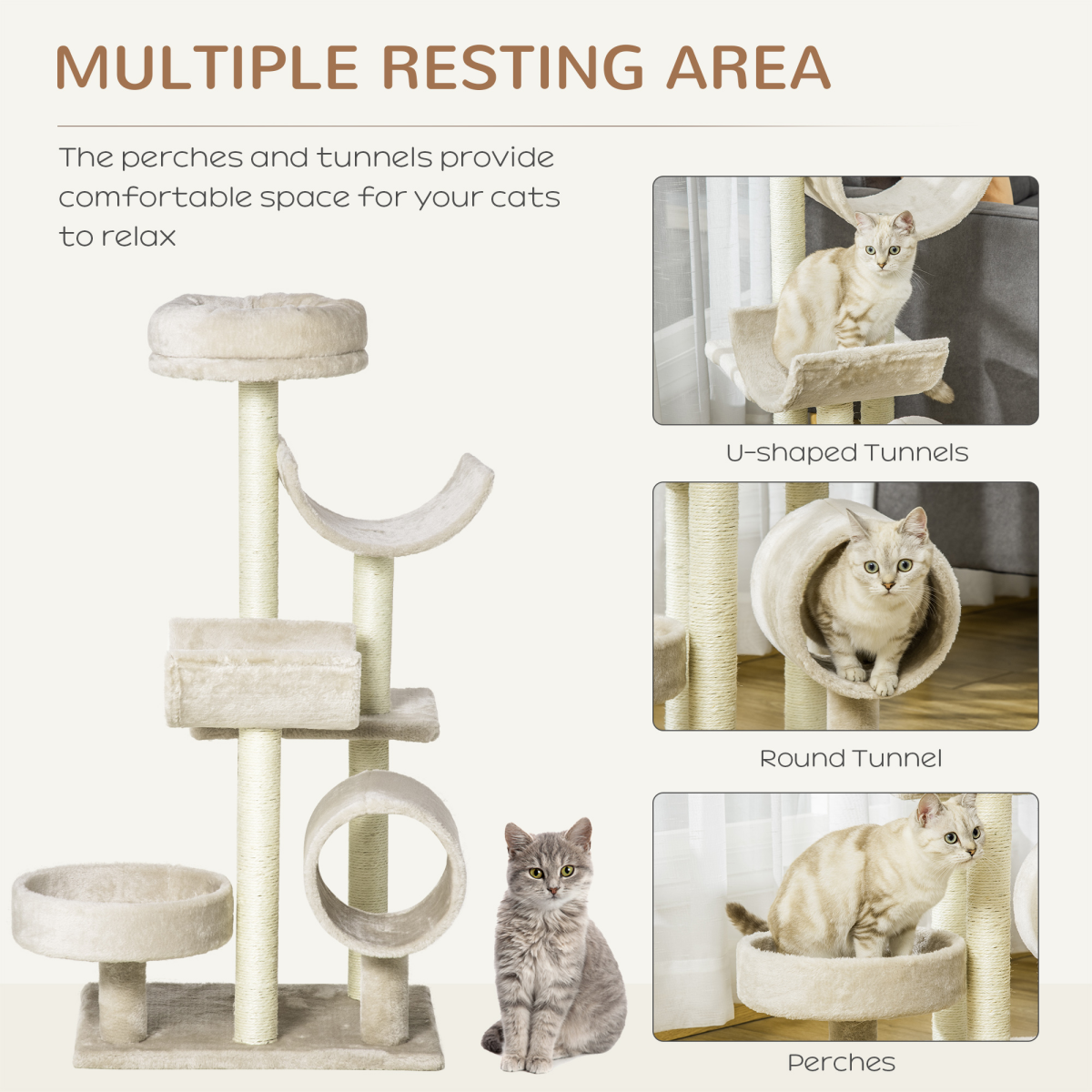 Pawhut Multi-Level Large Cat Tree with Sisal Scratching Posts, Perches and Tunnel – Play Centre, Beige
