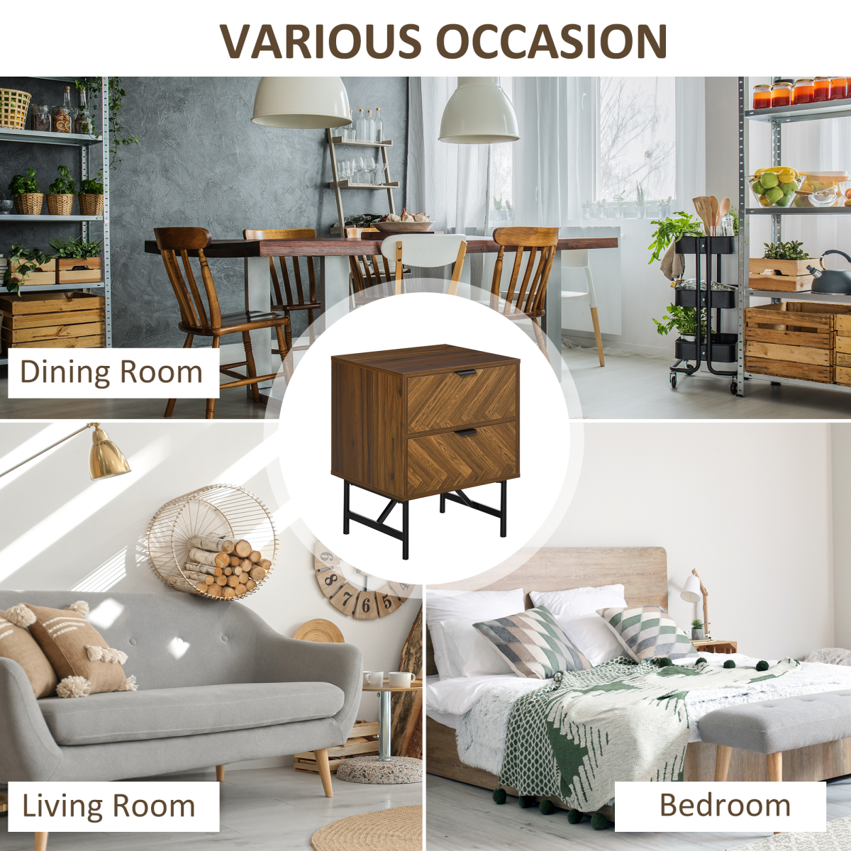 Set of 2 Herringbone Bedside Tables with 2 Drawers Each & Metal Legs – Bedroom Storage, Walnut Brown