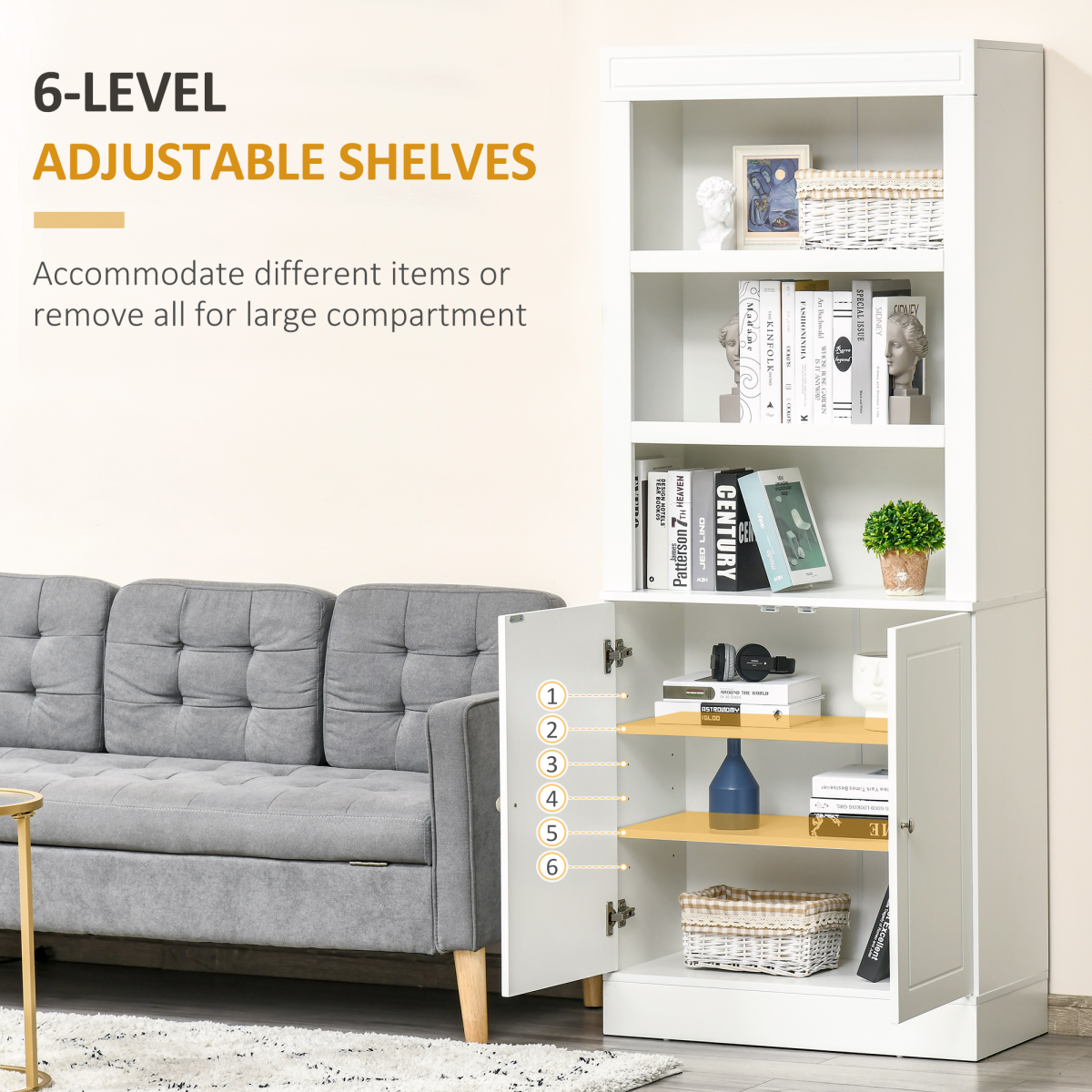 HOMCOM White Kitchen Cupboard Sideboard with 6-Tier Shelving & Double Doors – Storage Cabinet