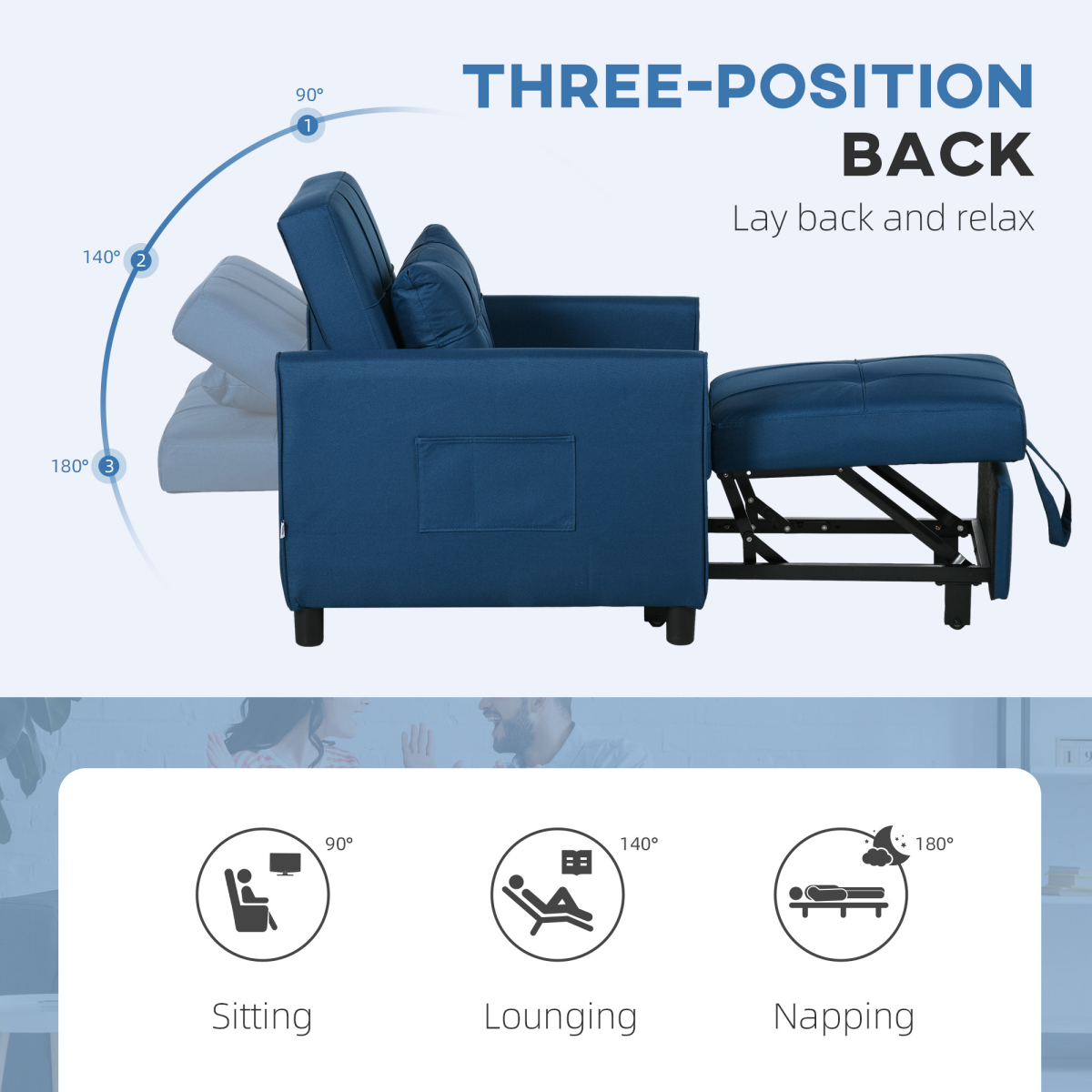 HOMCOM Pull Out Chair Bed with 3-Level Adjustable Back, Pillow & Side Pockets – Sleeper Chair, Blue