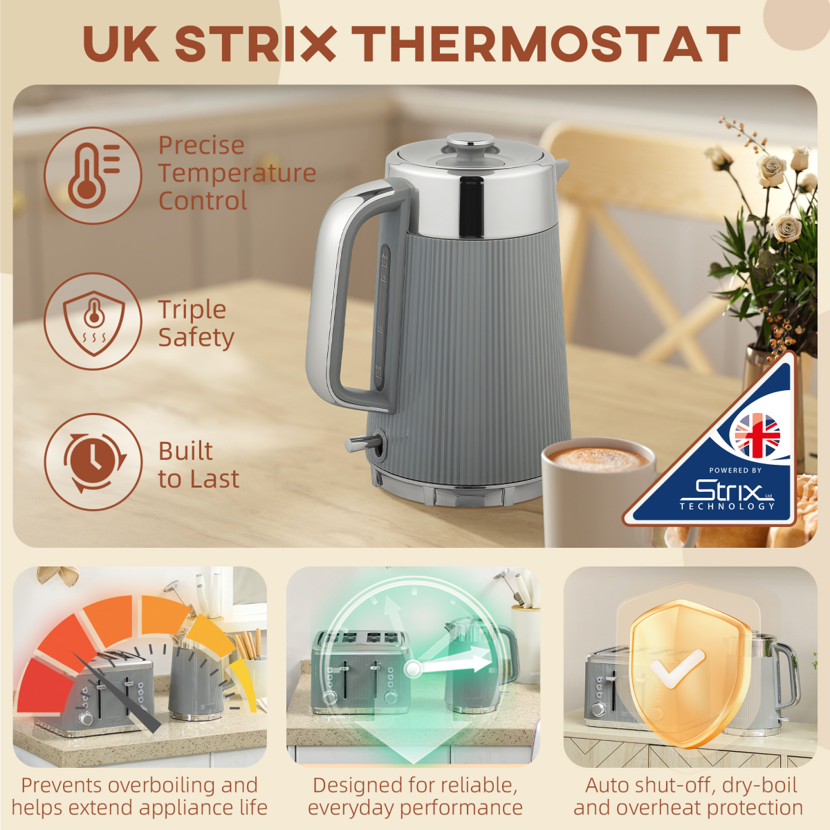 Kettle and 4-Slice Toaster Set with 1.7L 3000W Fast Boil Kettle & 7 Browning Levels – Ridged Design, Tan