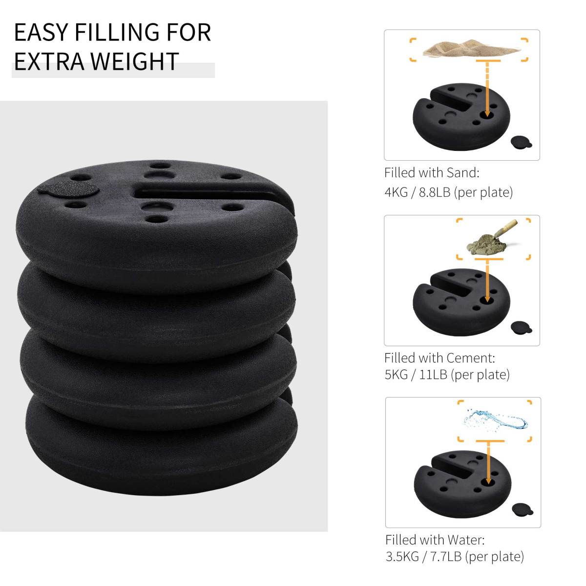 Outsunny Set of 4 Sand-Fillable Gazebo Weights, 4kg Each – Durable Plastic Canopy & Tent Anchors
