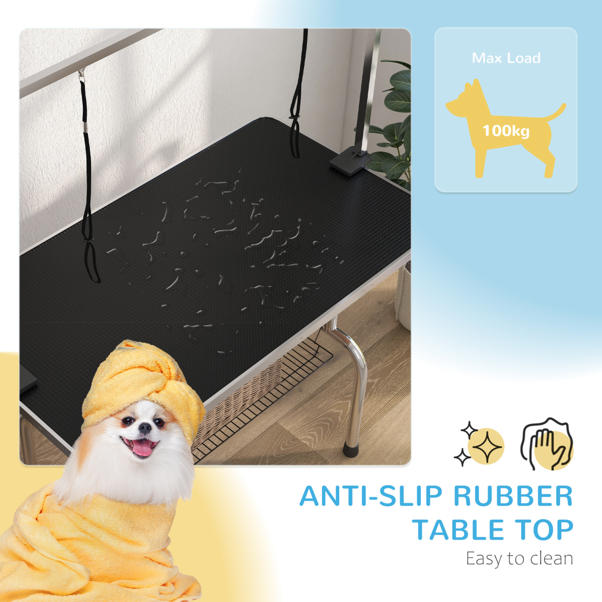 Pawhut Adjustable Dog Grooming Table with Two Safety Slings and Mesh Basket – Foldable Metal Frame, Black
