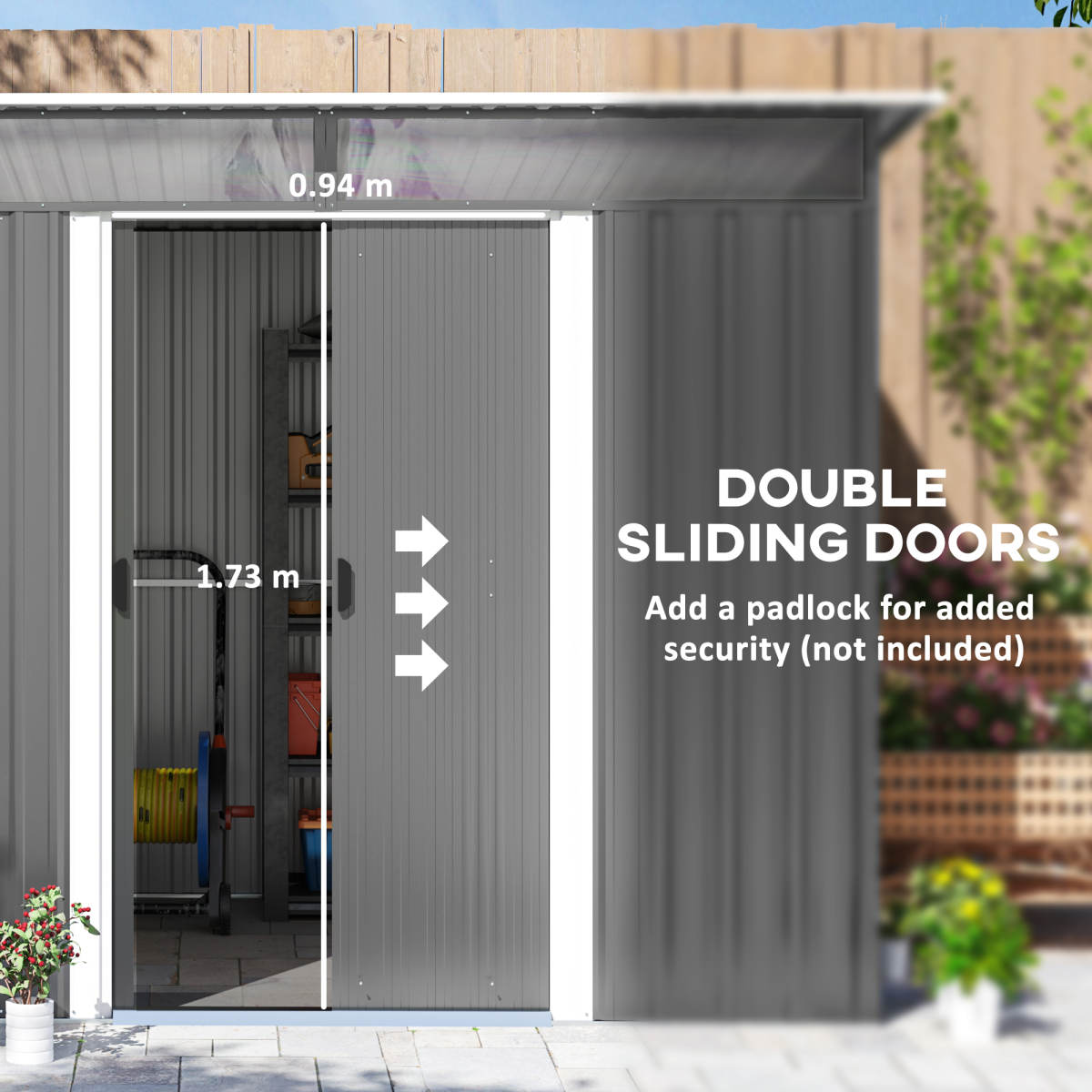 Outsunny 6.4 x 8.5ft Metal Storage Shed with Double Sliding Doors & Clear Panels – Lockable Garden Store, Grey