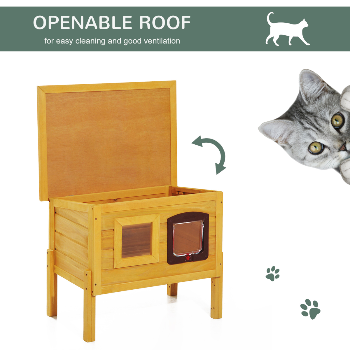 Pawhut Wooden Outdoor Cat House with Openable Roof, Lockable Door and Detachable Legs – Waterproof Garden Shelter