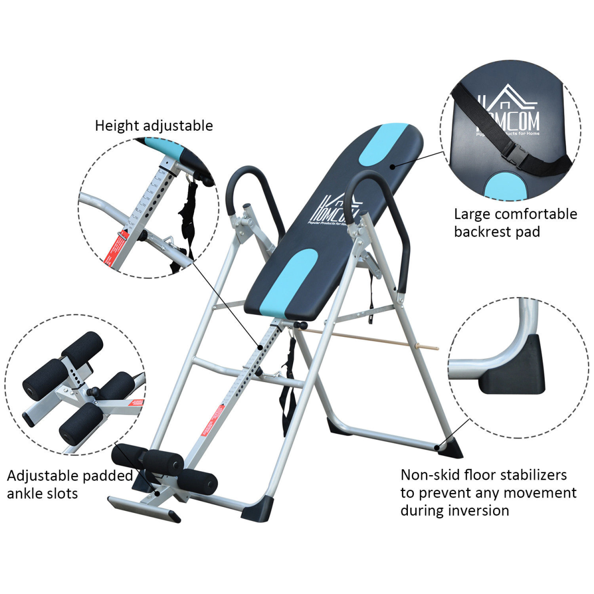 HOMCOM Foldable Gravity Inversion Table with Safety Belt & Padded Ankle Support – Home Back Therapy Bench, 110kg