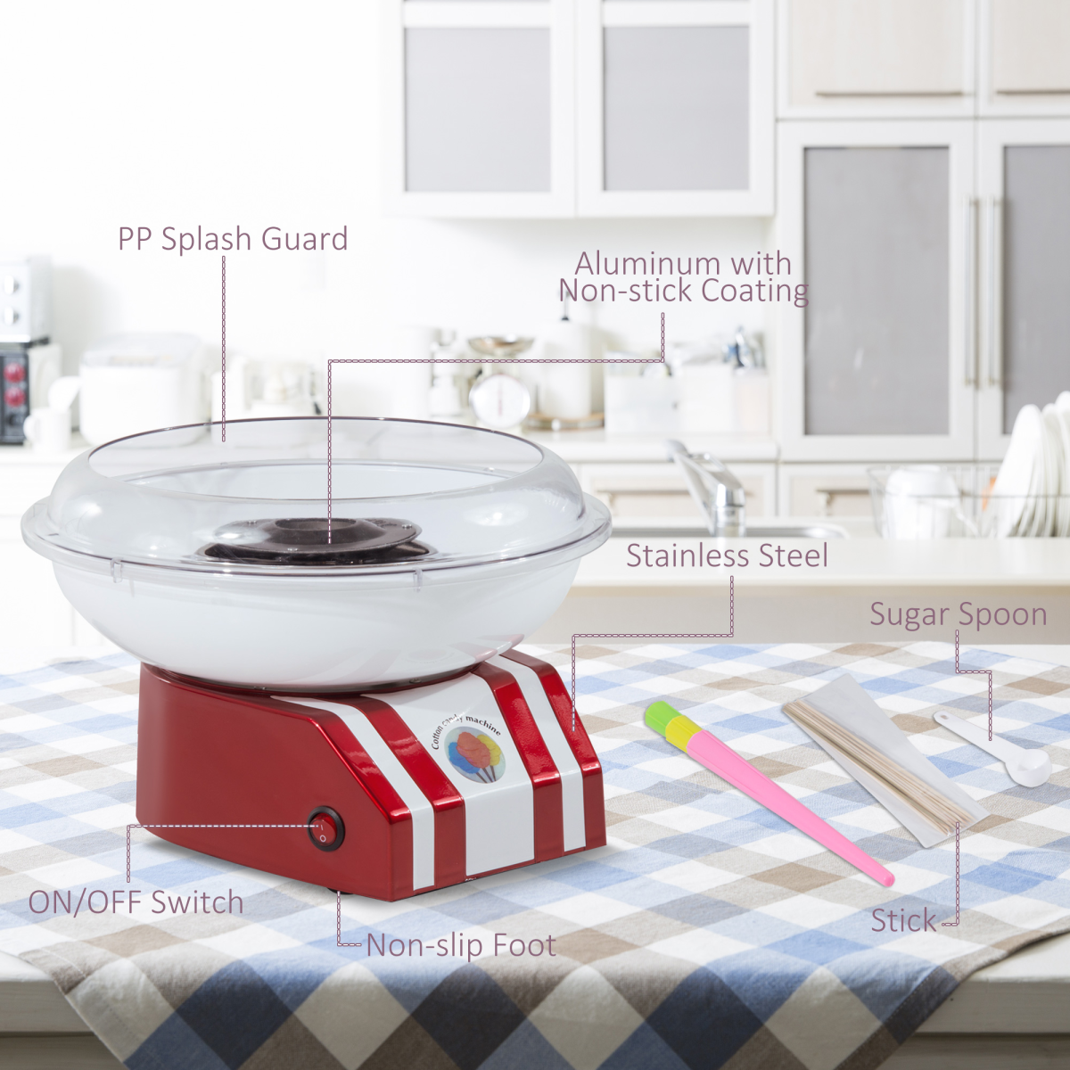 HOMCOM 450W Stainless Steel Candy Floss Machine with On/Off Switch – Party Fun at Home, Red/White