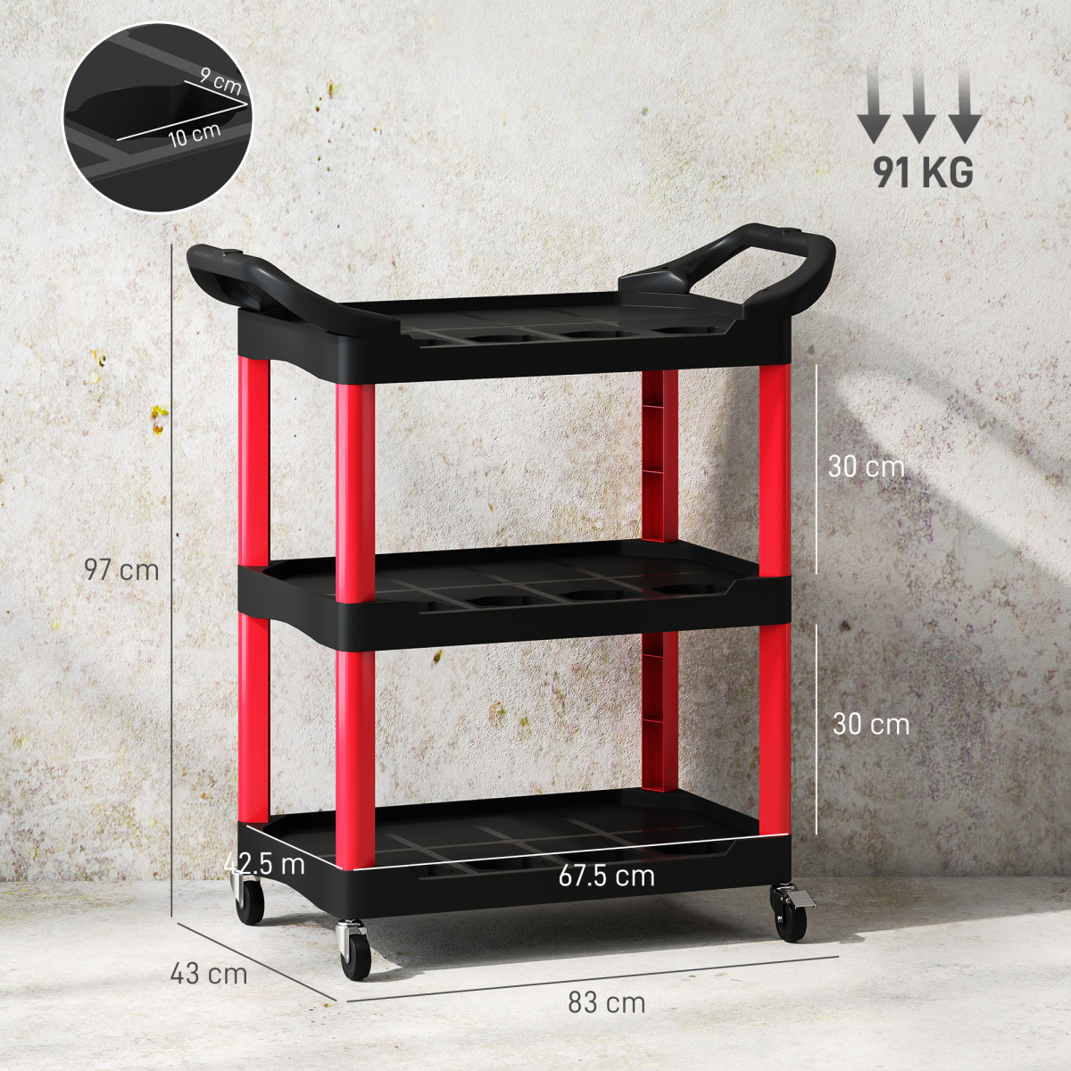 HOMCOM 3-Tier Rolling Tool Cart with Wheels and Side Handles – Garage & Workshop Storage Trolley, Black