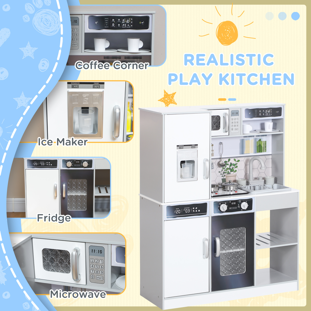 AIYAPLAY Play Kitchen with Lights, Sounds, Microwave, Fridge and Coffee Maker – Pretend Toy Kitchen, White