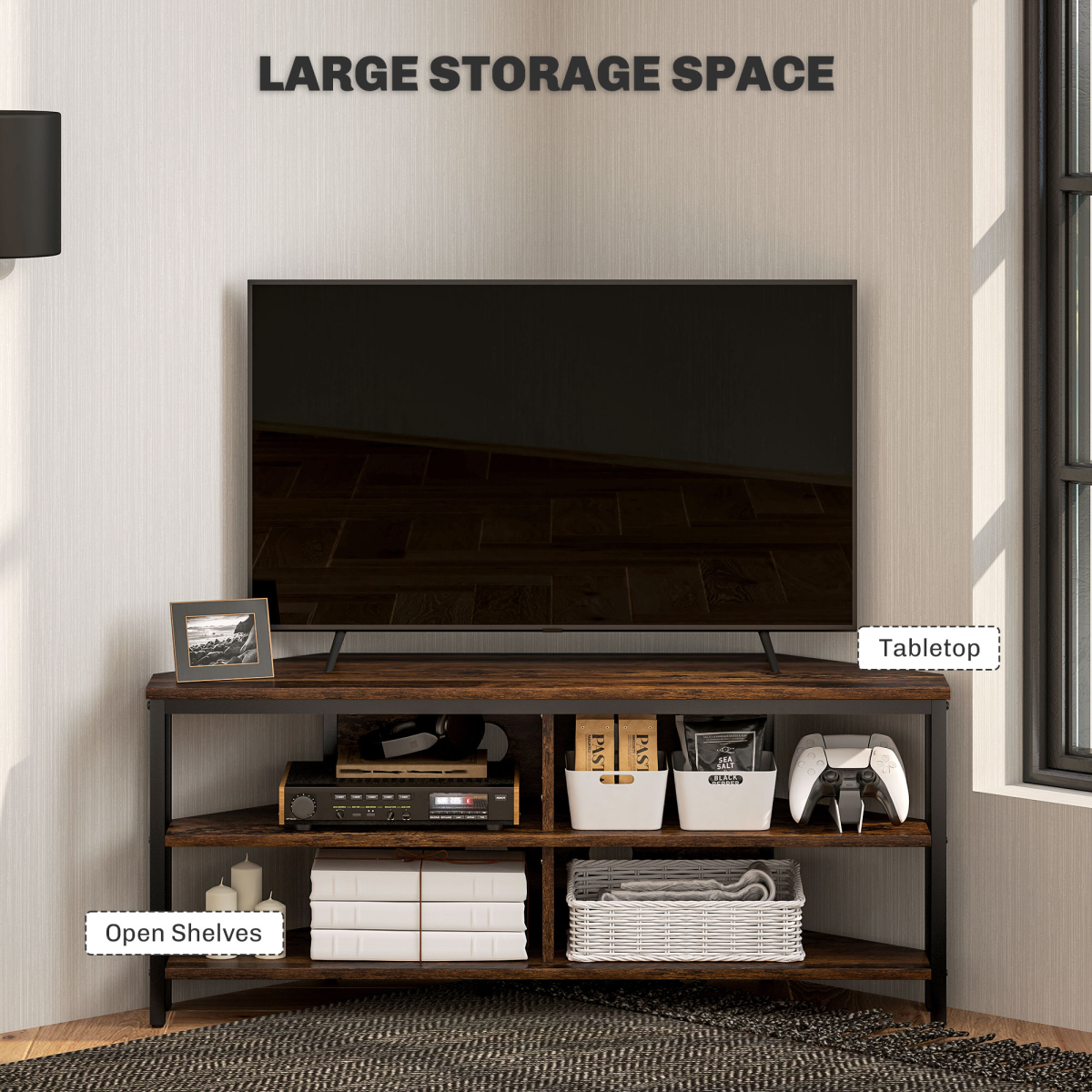 HOMCOM Corner TV Stand for TVs up to 50" with Four Open Shelves – Space-Saving Media Unit, Rustic Brown