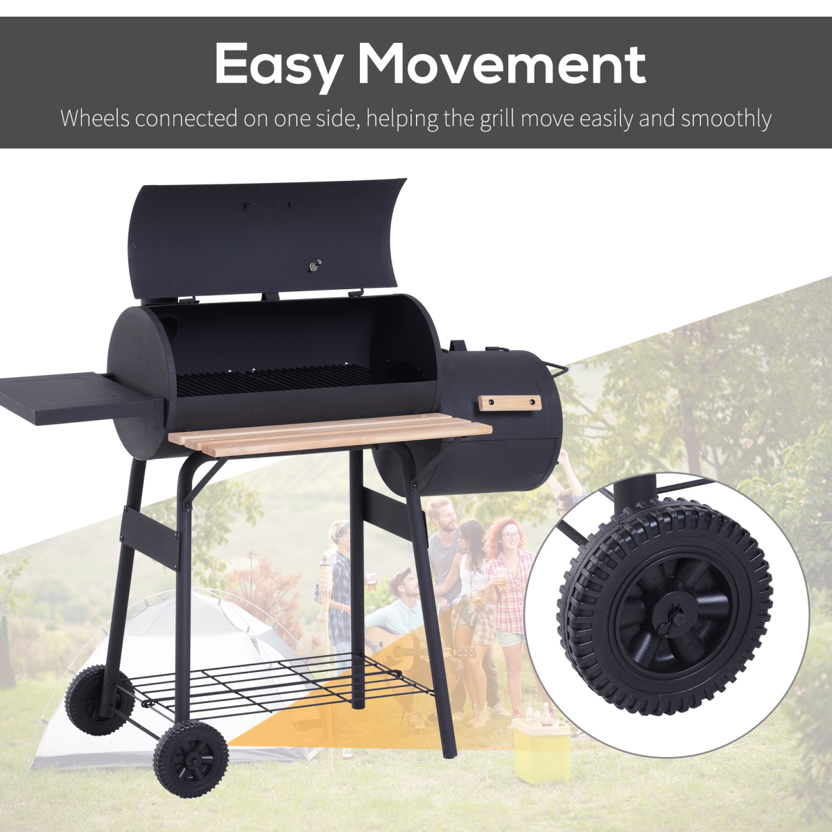 Outsunny Charcoal BBQ Grill with Offset Smoker, Lid Thermometer, Shelves & Wheels – Portable Steel Garden Barbecue