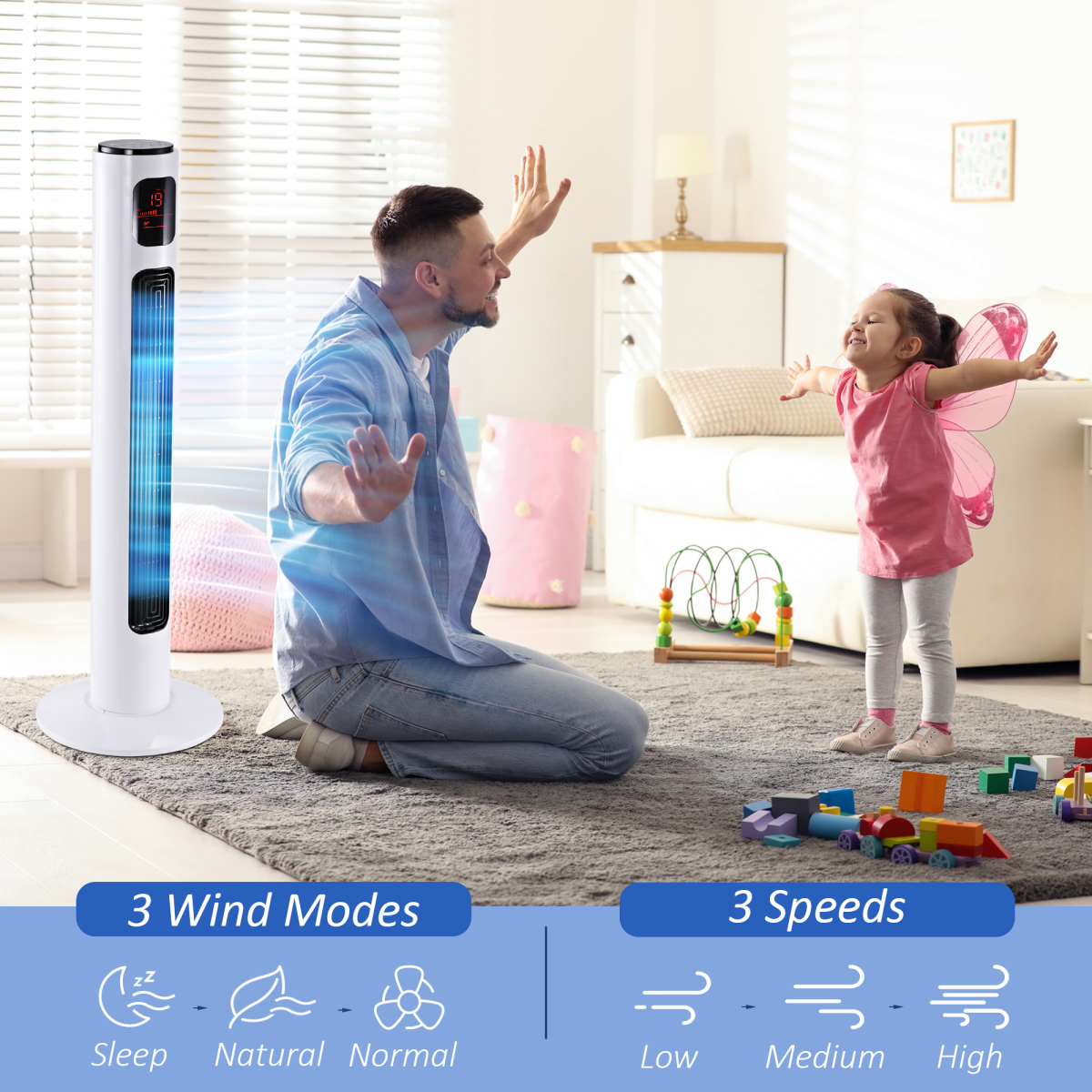 HOMCOM Freestanding Tower Fan, 96cm with Oscillation & Timer – Slim Space-Saving Cooling, White