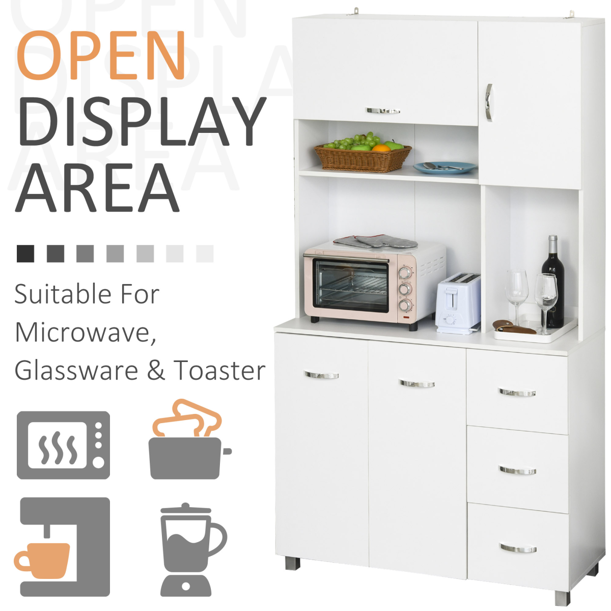 Freestanding Kitchen Storage Cabinet with Cupboards, Drawers & Open Shelf – Versatile Kitchen Unit, White
