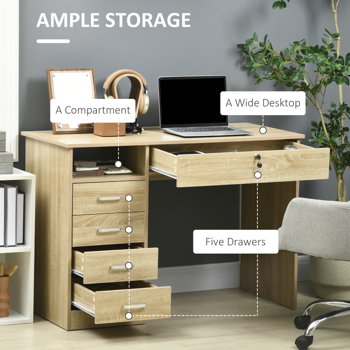Computer Writing Desk with 5 Drawers & Lockable Drawer – Oak Home Office Desk with Open Shelf