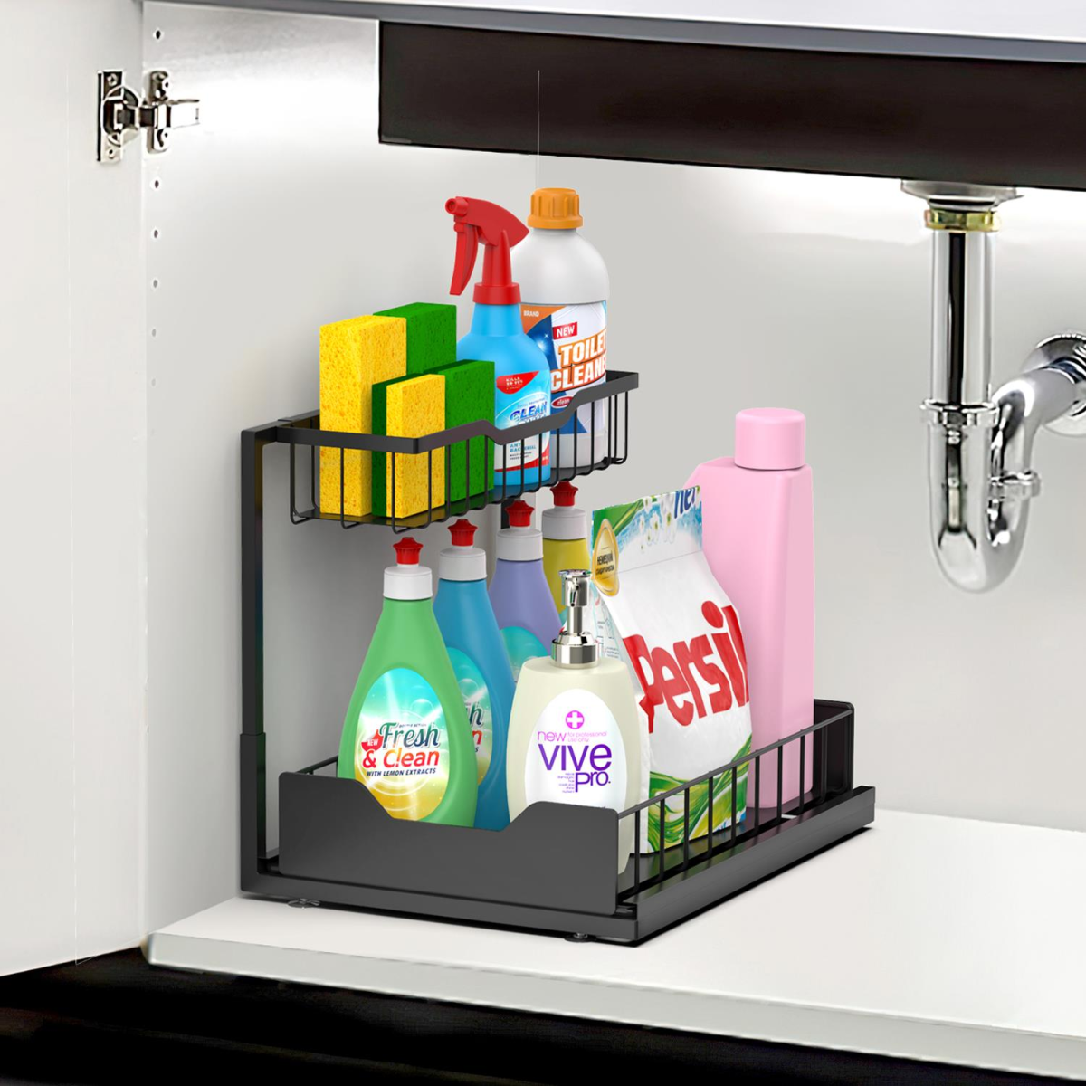 VINSANI Metal Under Sink Storage Organiser with Non-Slip Suction Feet – Cupboard Space Saver