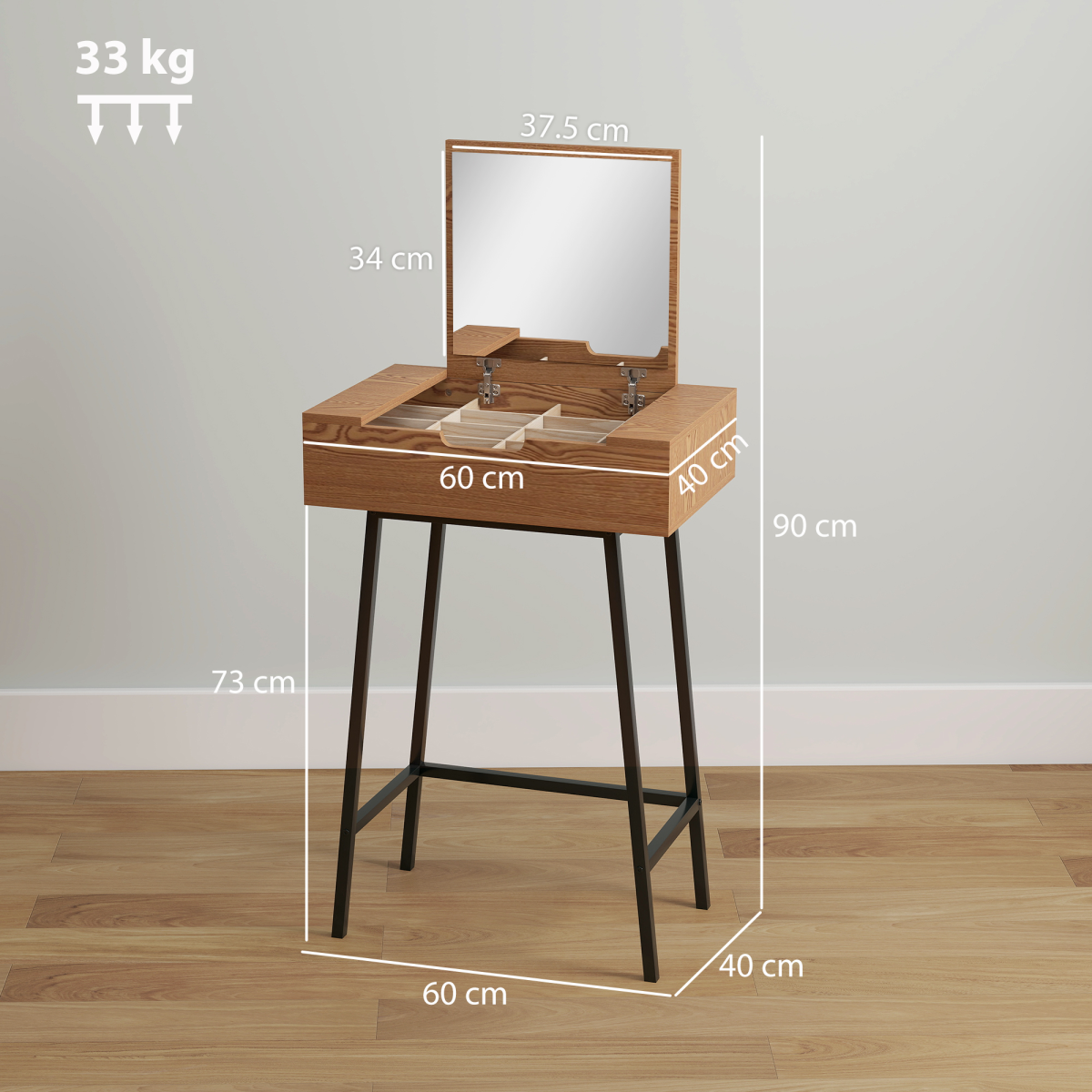 HOMCOM Industrial Vanity Desk with Flip-Up Mirror, 16 Hidden Compartments and Steel Legs – Natural Wood Effect