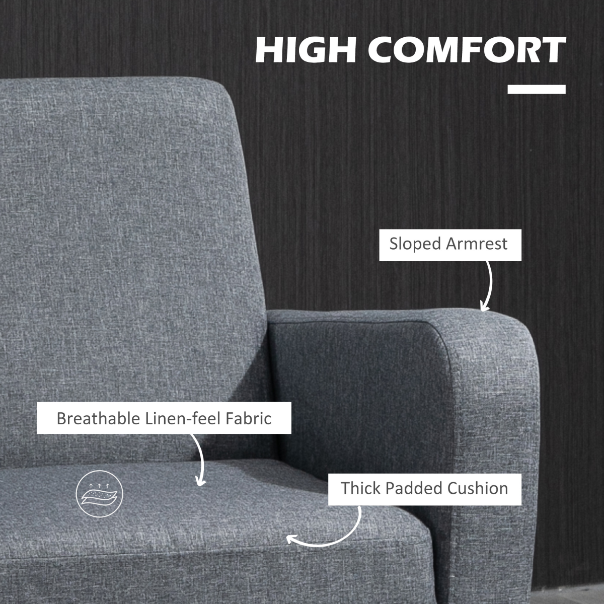 HOMCOM Linen-Look Curved Accent Armchair with Thick Cushion & Solid Wood Legs – Living Room Chair, Grey