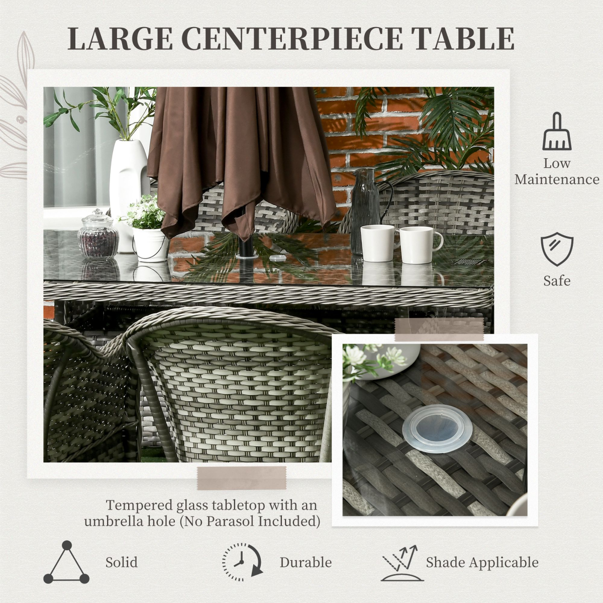 Outsunny 7-Piece Rattan Garden Dining Set with Tempered Glass Table, Umbrella Hole & Cushioned Armchairs
