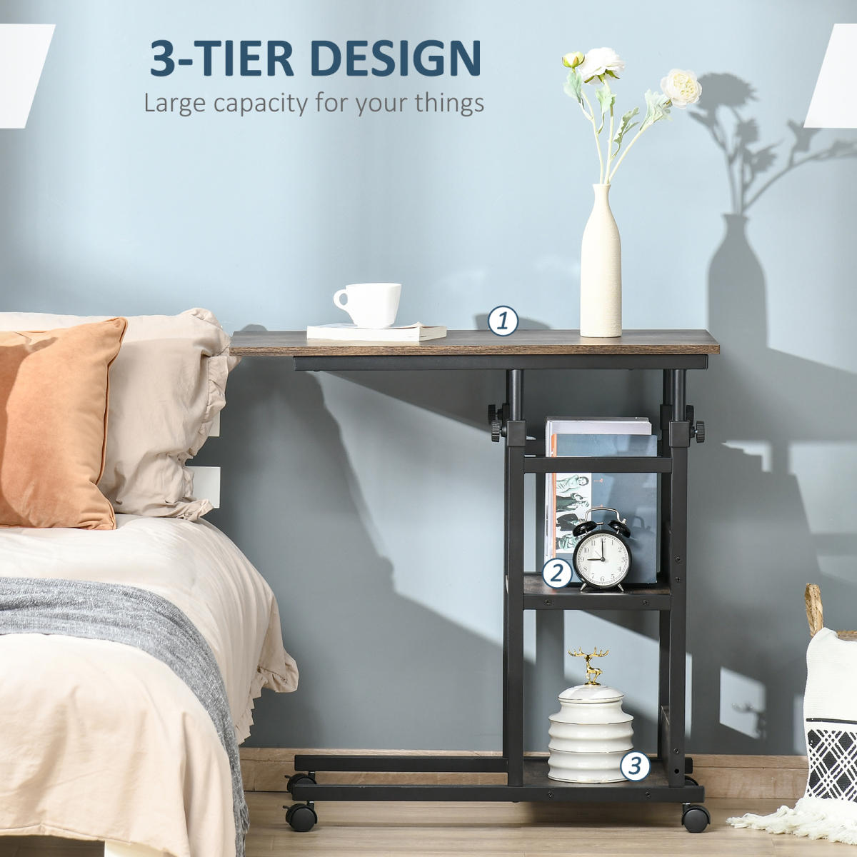 C-Shaped Mobile Side Table with 3 Tiers, Adjustable Height & Lockable Wheels – Sofa, Bed & Bar Cart