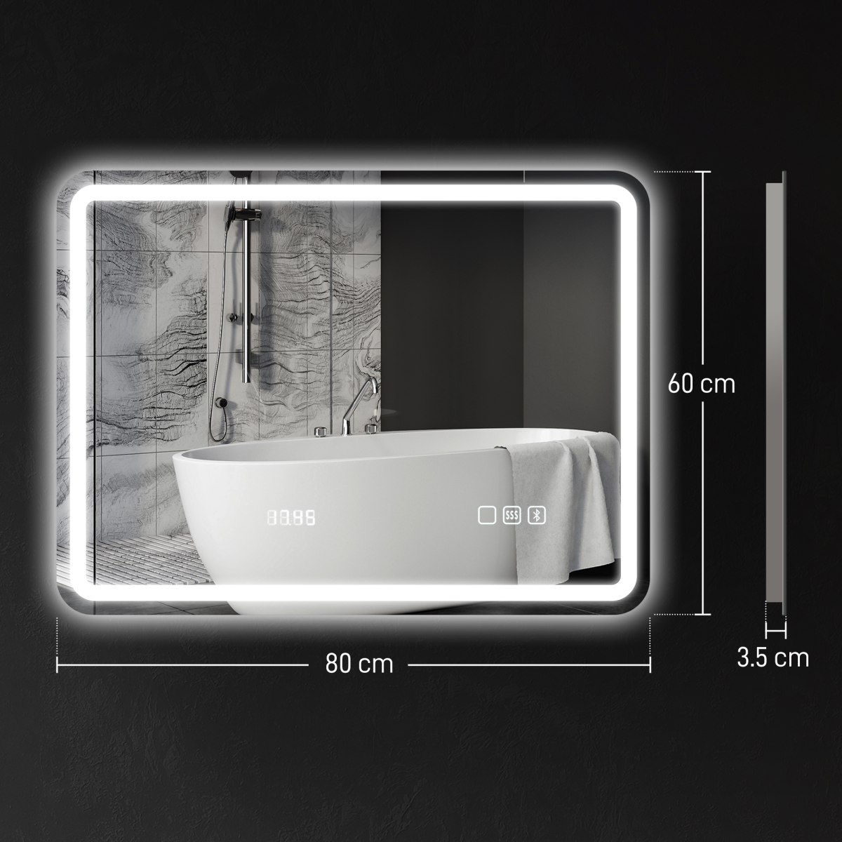 LED Bathroom Mirror 80 x 60cm with Bluetooth Speaker, Digital Clock & Demister – Horizontal Wall Mount