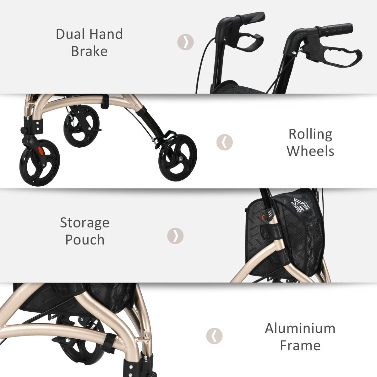 HOMCOM Lightweight Aluminium 3-Wheel Rollator with Storage Bag – Foldable Walking Aid with Height Adjustment