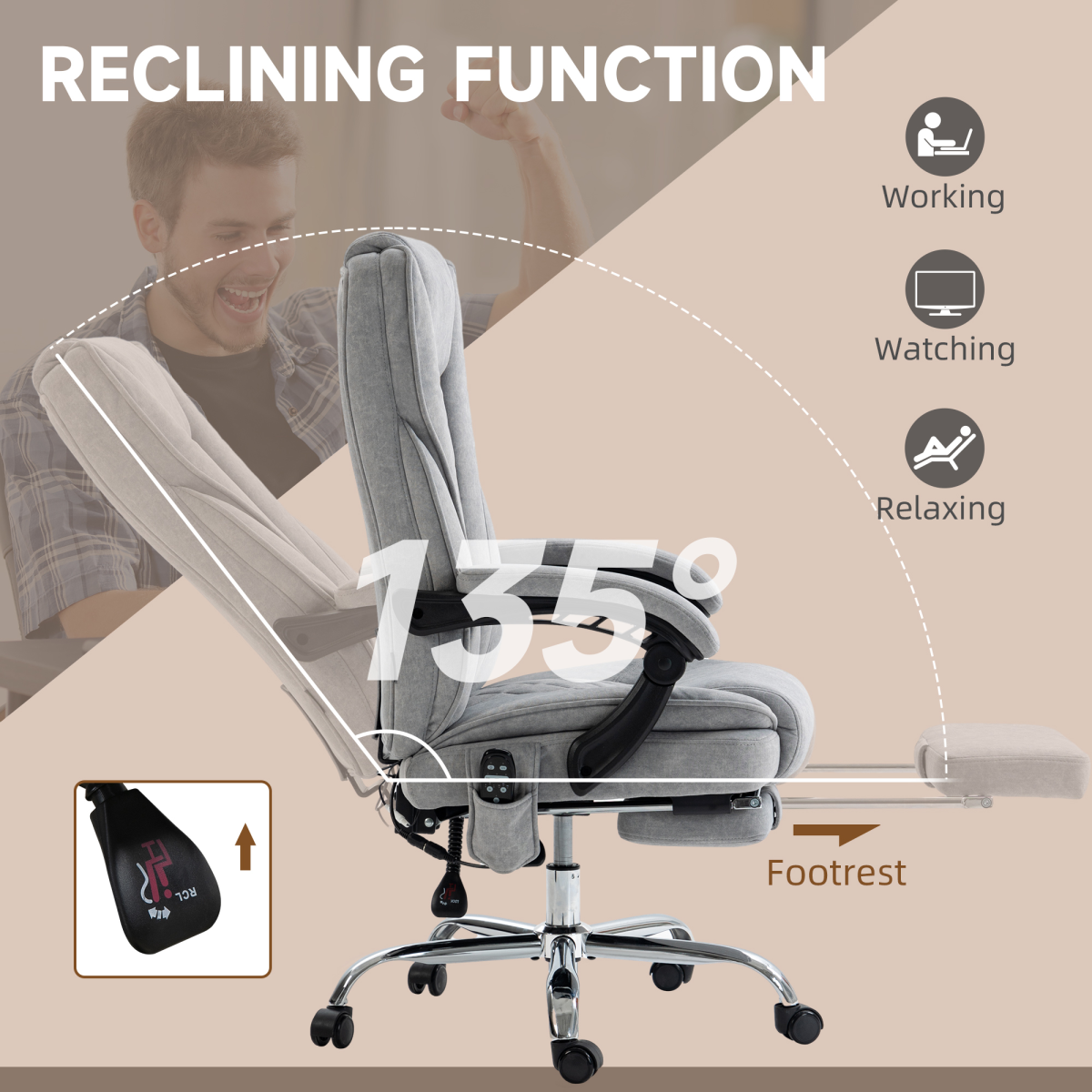 Heated Massage Office Chair with Footrest & Remote – 6-Point Vibration, Lumbar Heat, Grey Velvet