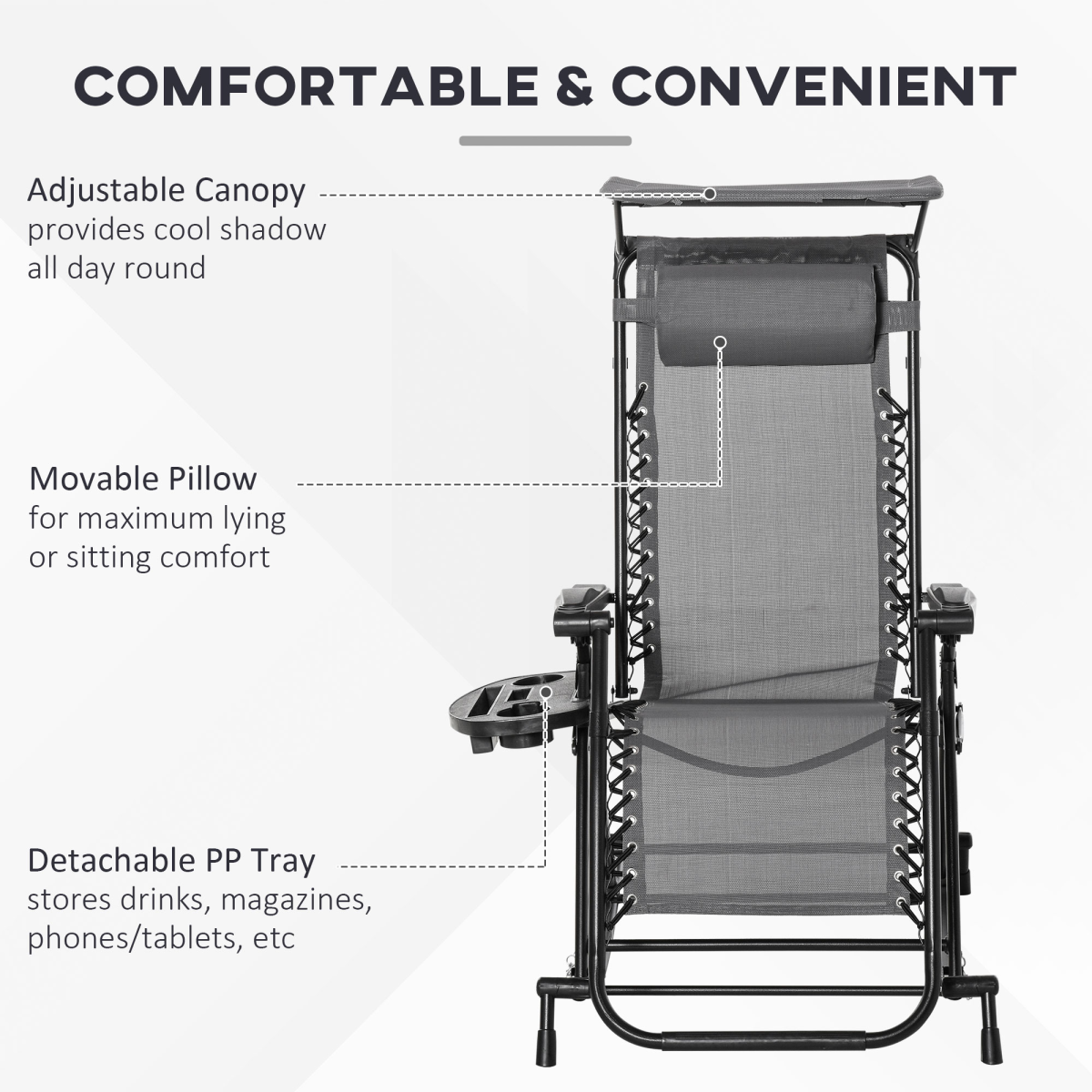Folding Zero-Gravity Recliner Rocker with Canopy, Padded Headrest and Side Tray – Outdoor Lounge Chair, Grey