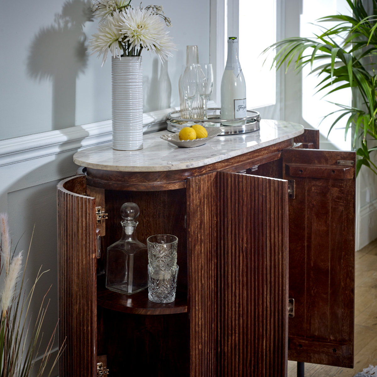 Opal Solid Wood Sideboard & Drinks Cabinet with White Marble Top – Handmade Bottle and Glassware Storage