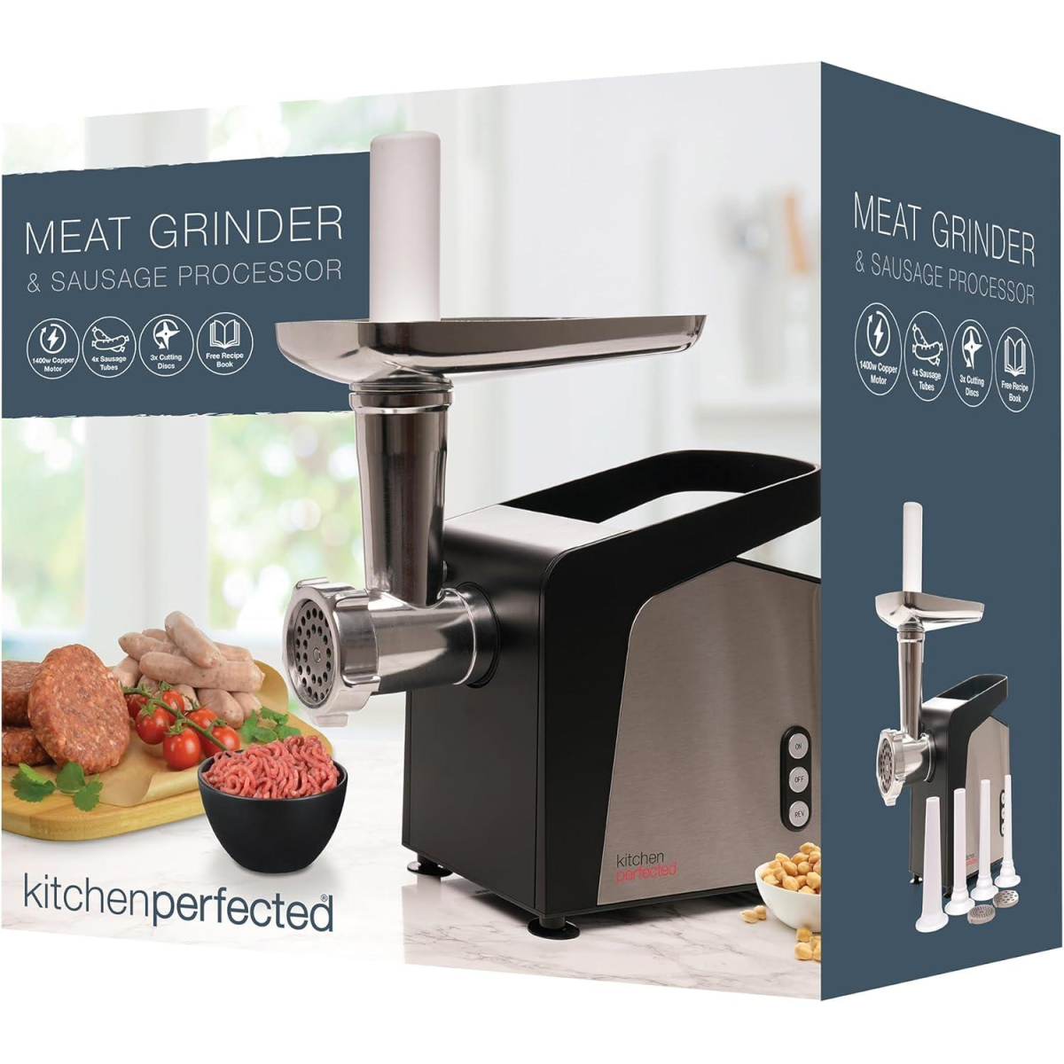 KitchenPerfected 1400W Meat Grinder with 3 Cutting Discs & Sausage Piping – Stainless Steel Cabinet