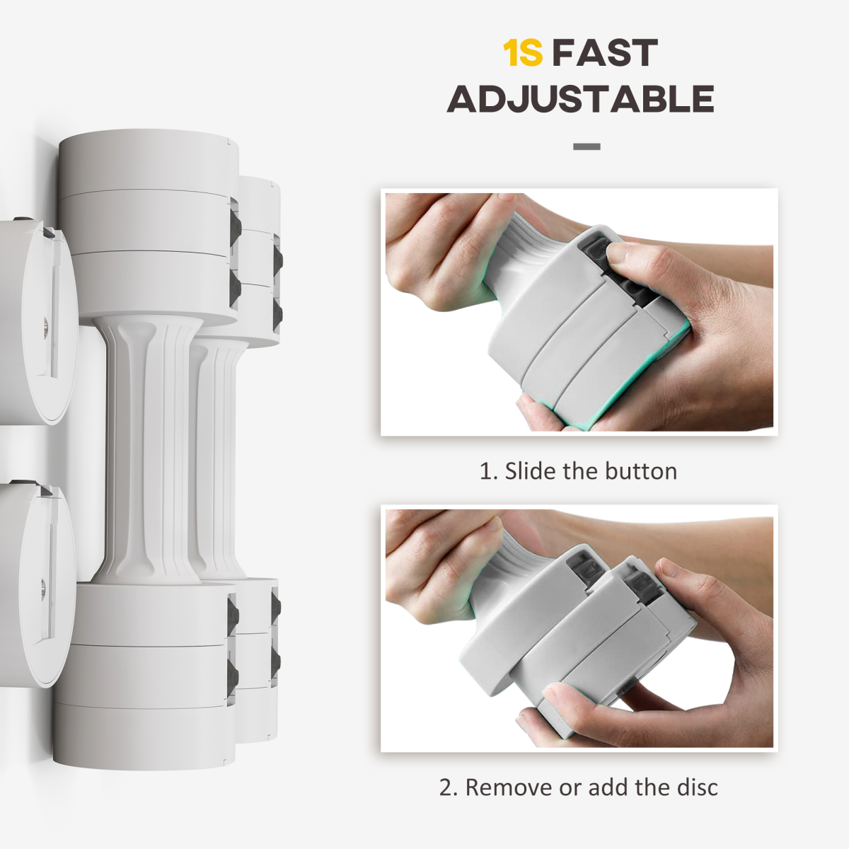 Adjustable Dumbbells Set, 2 x 2.5kg with Fast-Adjust Weight Plates – Compact Home Gym Hand Weights, White
